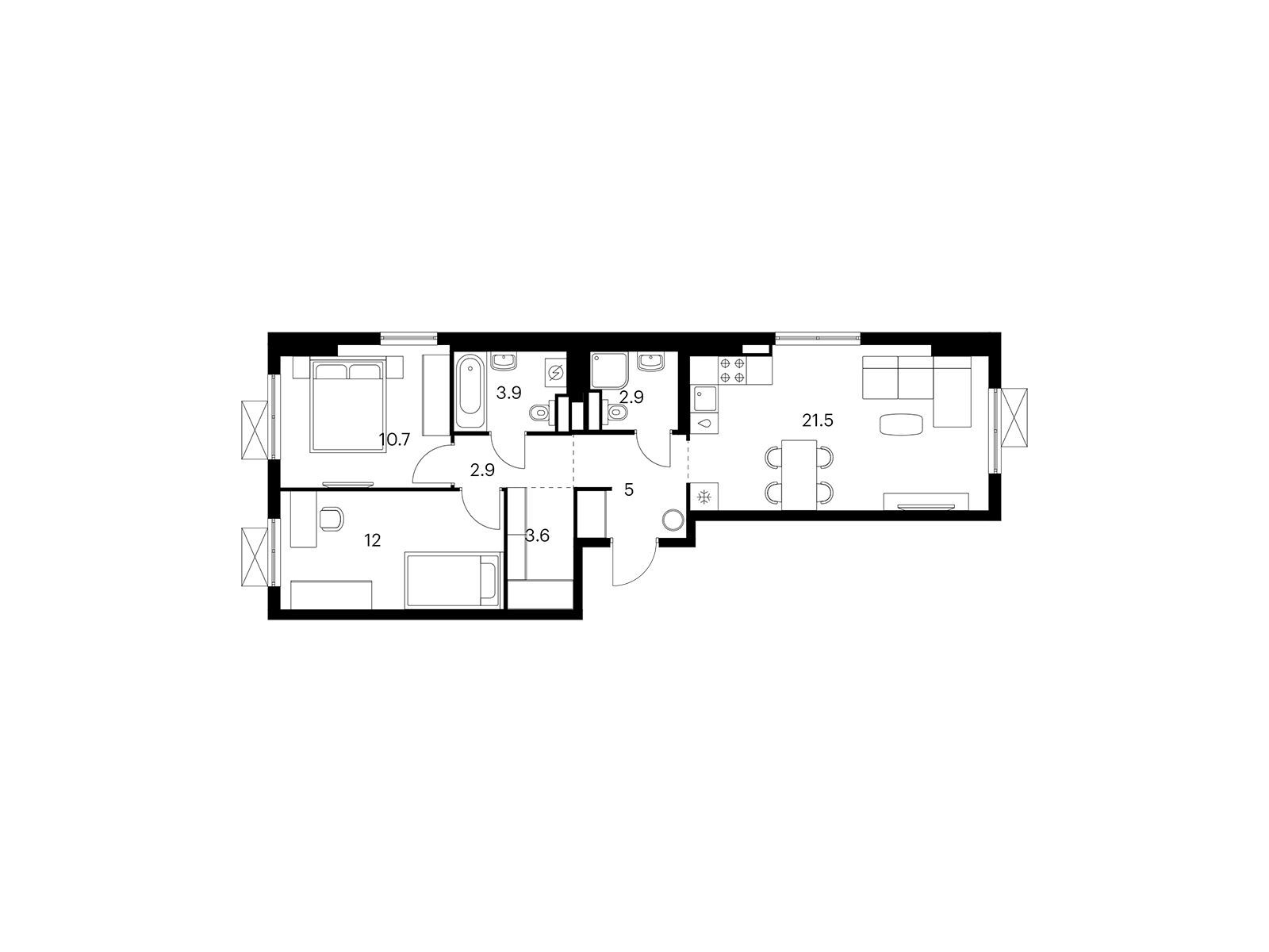 Планировка: 2-комн. квартира 62.50 м² в новостройке Волжский парк