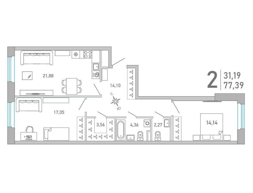 Планировка: 2-комн. квартира 77.32 м² в новостройке ЖК Министр