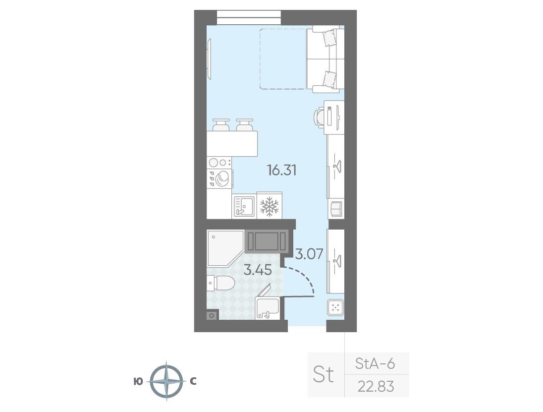 Планировка: Студия 21.39 м² в новостройке Морская миля