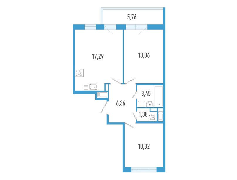 Планировка: 2-комн. квартира 53.59 м² в новостройке Аэросити