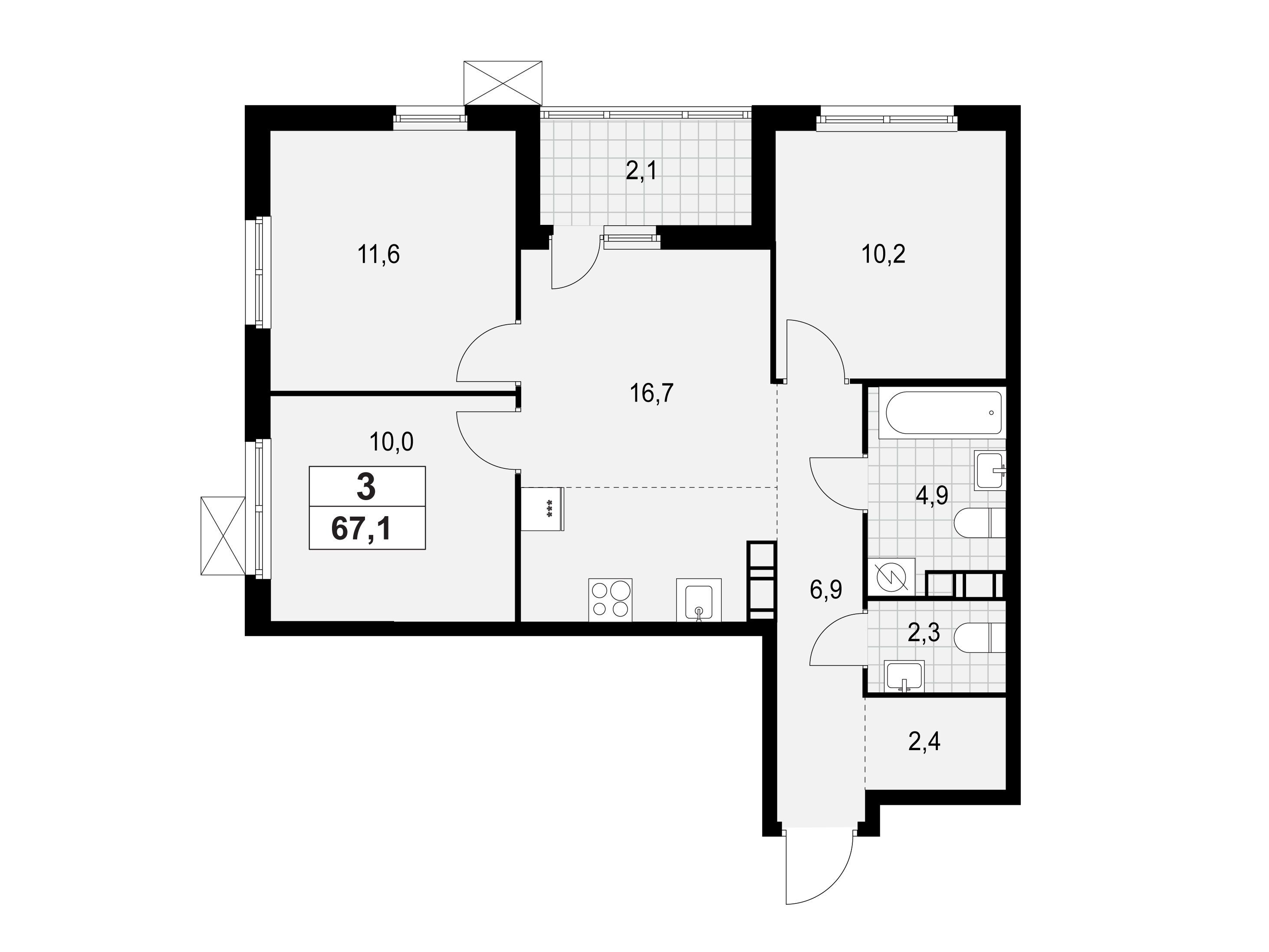 Планировка: 3-комн. квартира 67.10 м² в новостройке ЖК А101 Лаголово