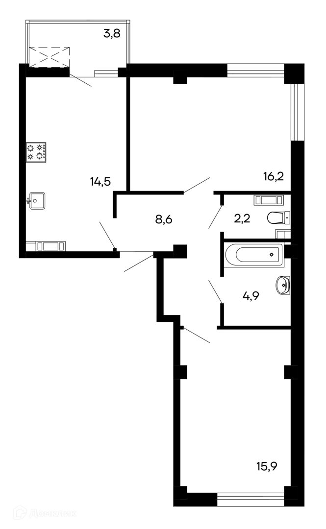 Планировка: 2-комн. квартира 66.10 м² в новостройке Доброгород