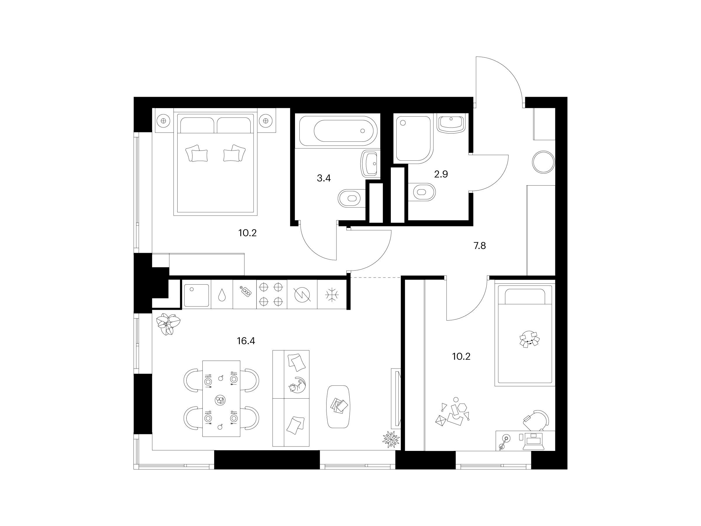 Планировка: 2-комн. квартира 50.90 м² в новостройке 2-й Иртышский