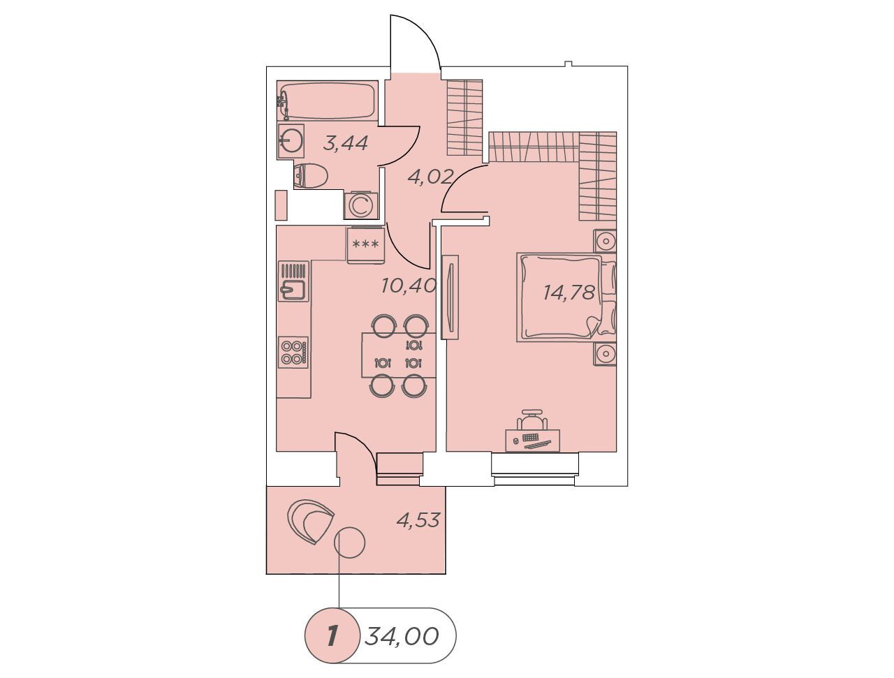 Планировка: 1-комн. квартира 34.00 м² в новостройке Аквилон Сторис