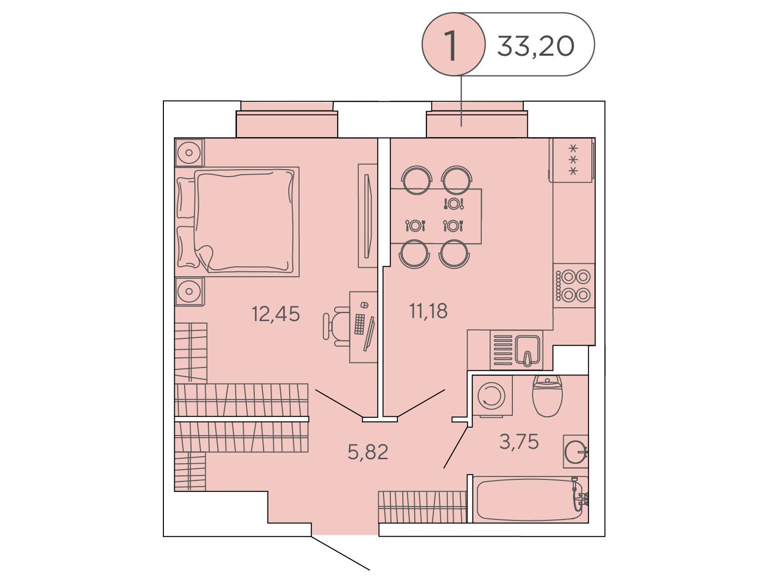 Планировка: 1-комн. квартира 33.20 м² в новостройке Аквилон Сторис