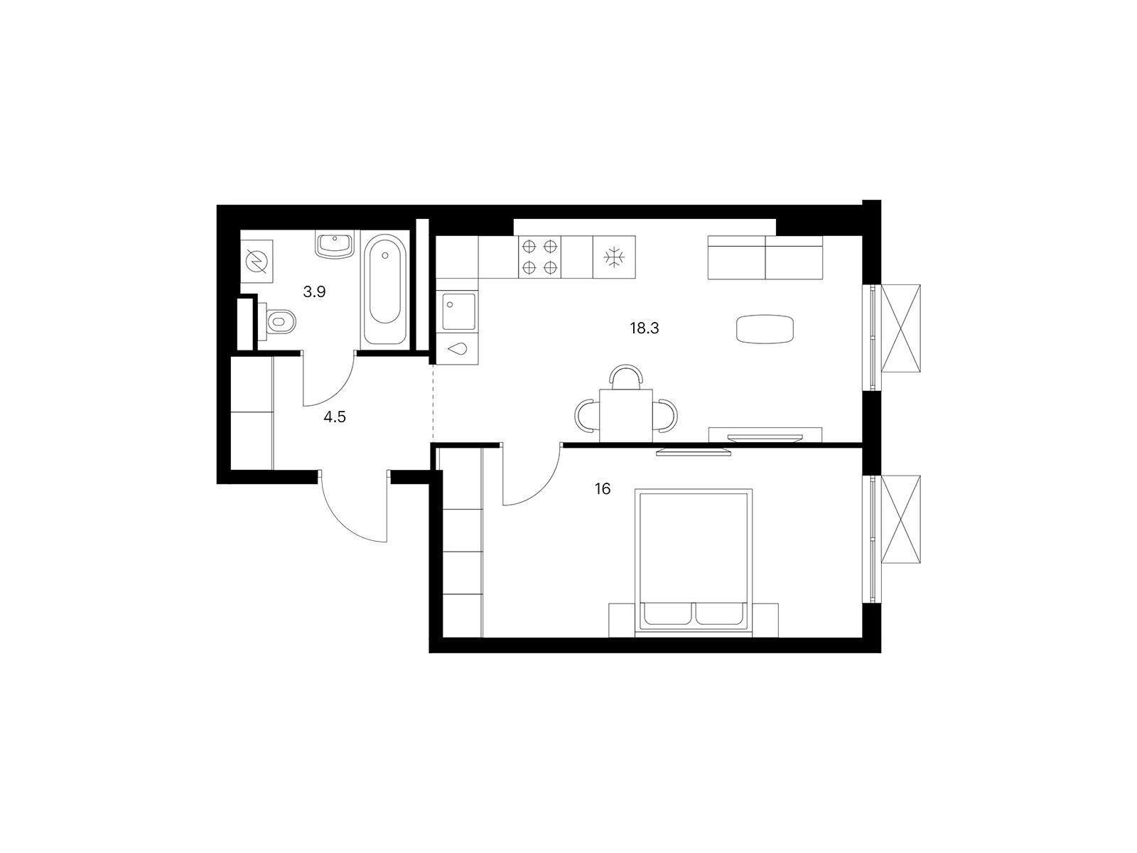 Планировка: 1-комн. квартира 42.70 м² в новостройке Волжский парк