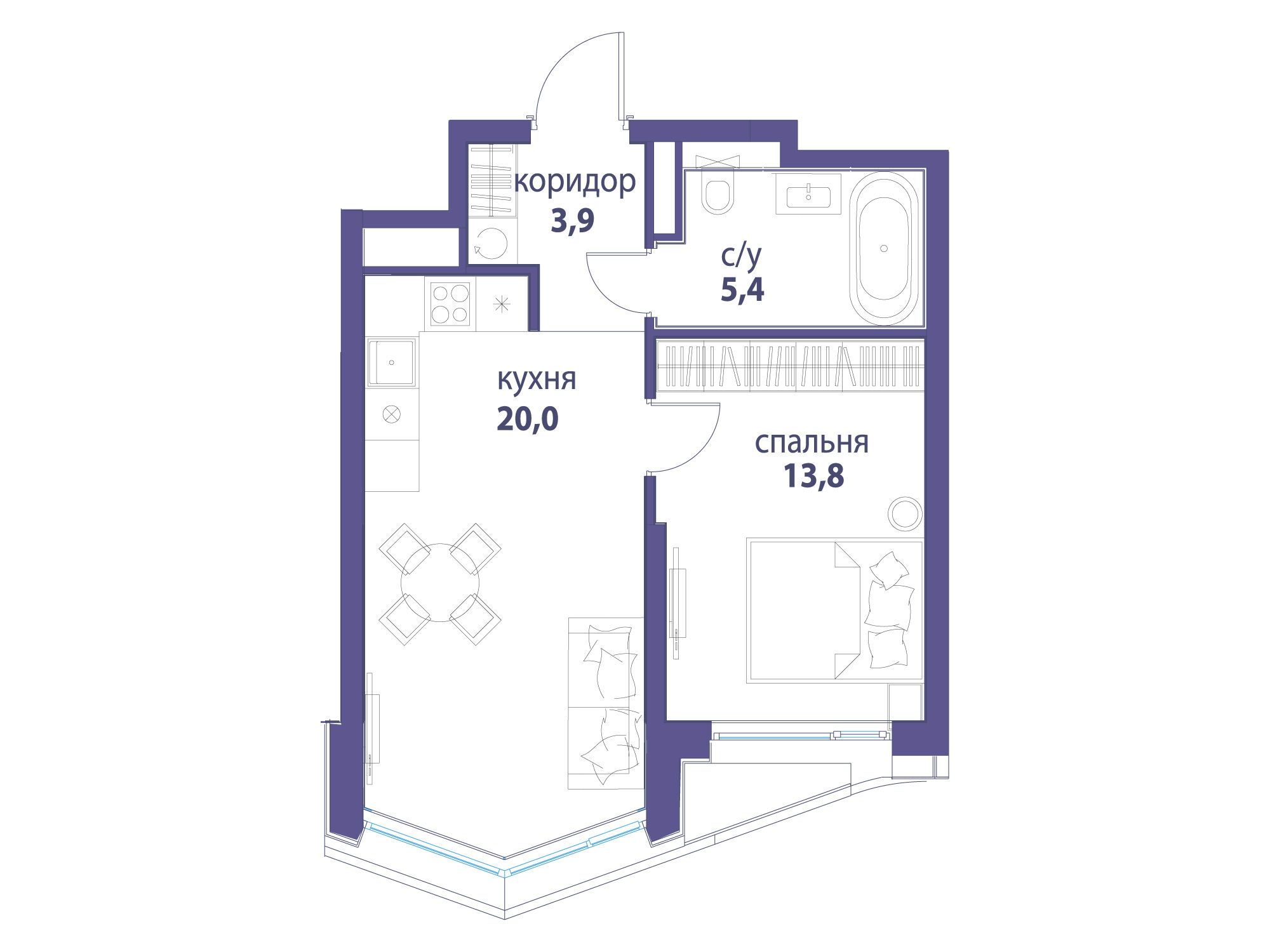 Планировка: 1-комн. квартира 43.10 м² в новостройке Символ