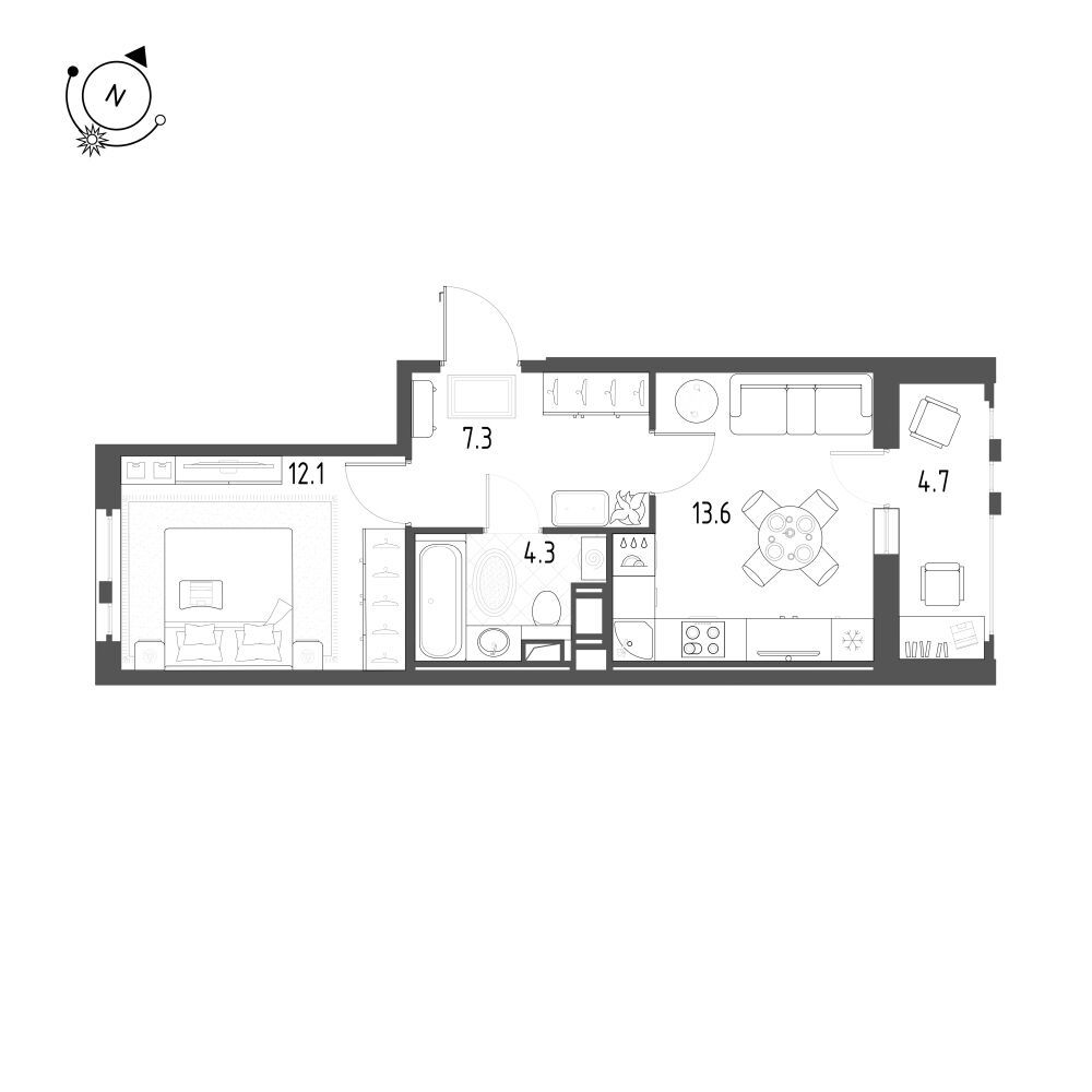Планировка: 1-комн. квартира 39.70 м² в новостройке ЖК Монография
