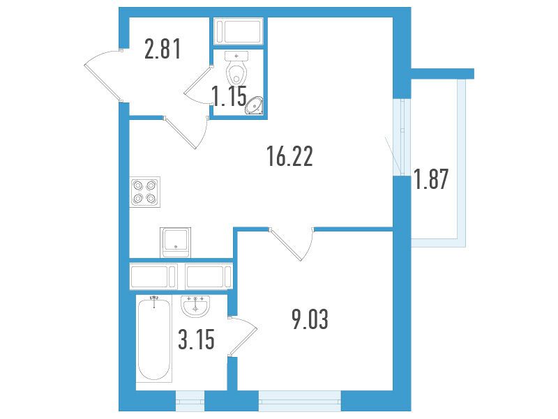 Планировка: 1-комн. квартира 32.92 м² в новостройке Южный форт