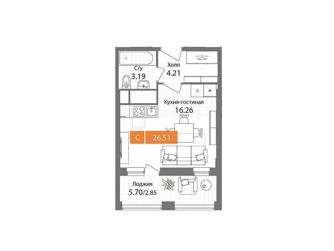 Планировка: Студия 26.51 м² в новостройке Планерный квартал