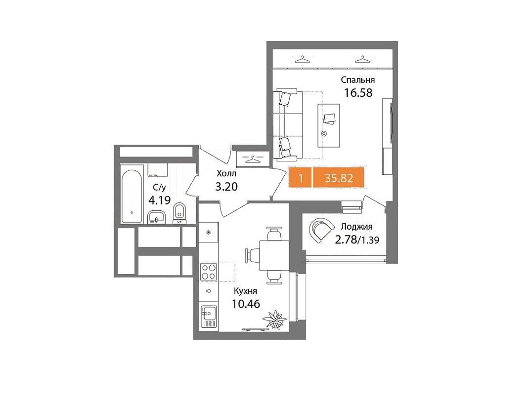 Планировка: 1-комн. квартира 35.82 м² в новостройке ЖК Планерный квартал