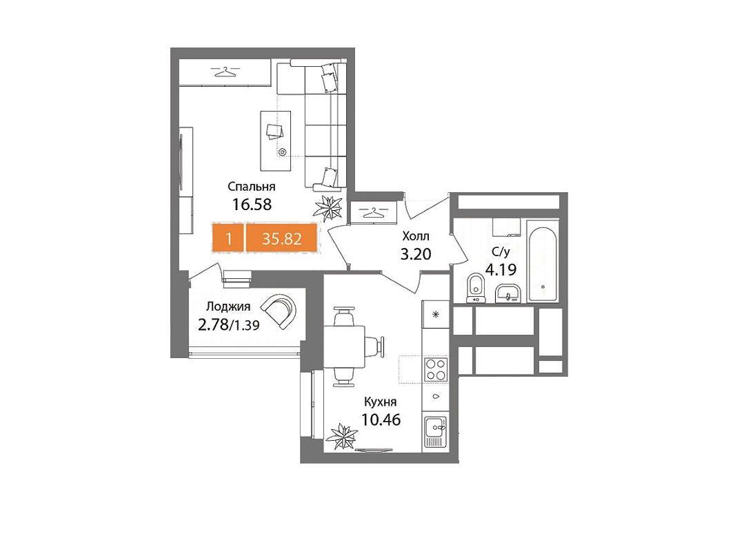 Планировка: 1-комн. квартира 35.82 м² в новостройке Планерный квартал