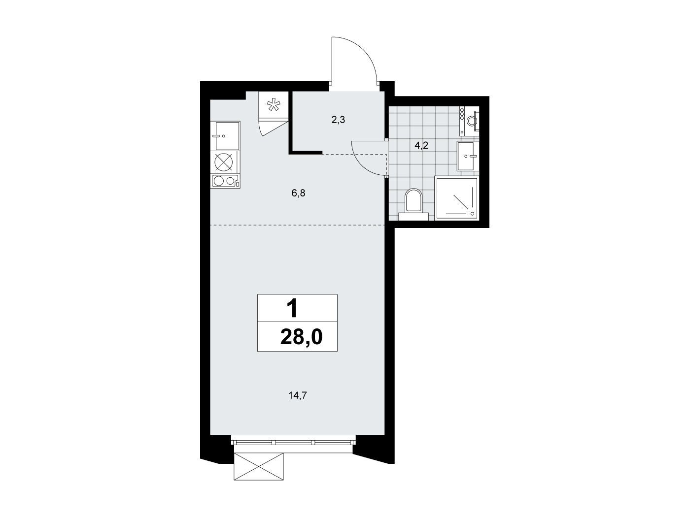 Планировка: Студия 28.00 м² в новостройке Деснаречье