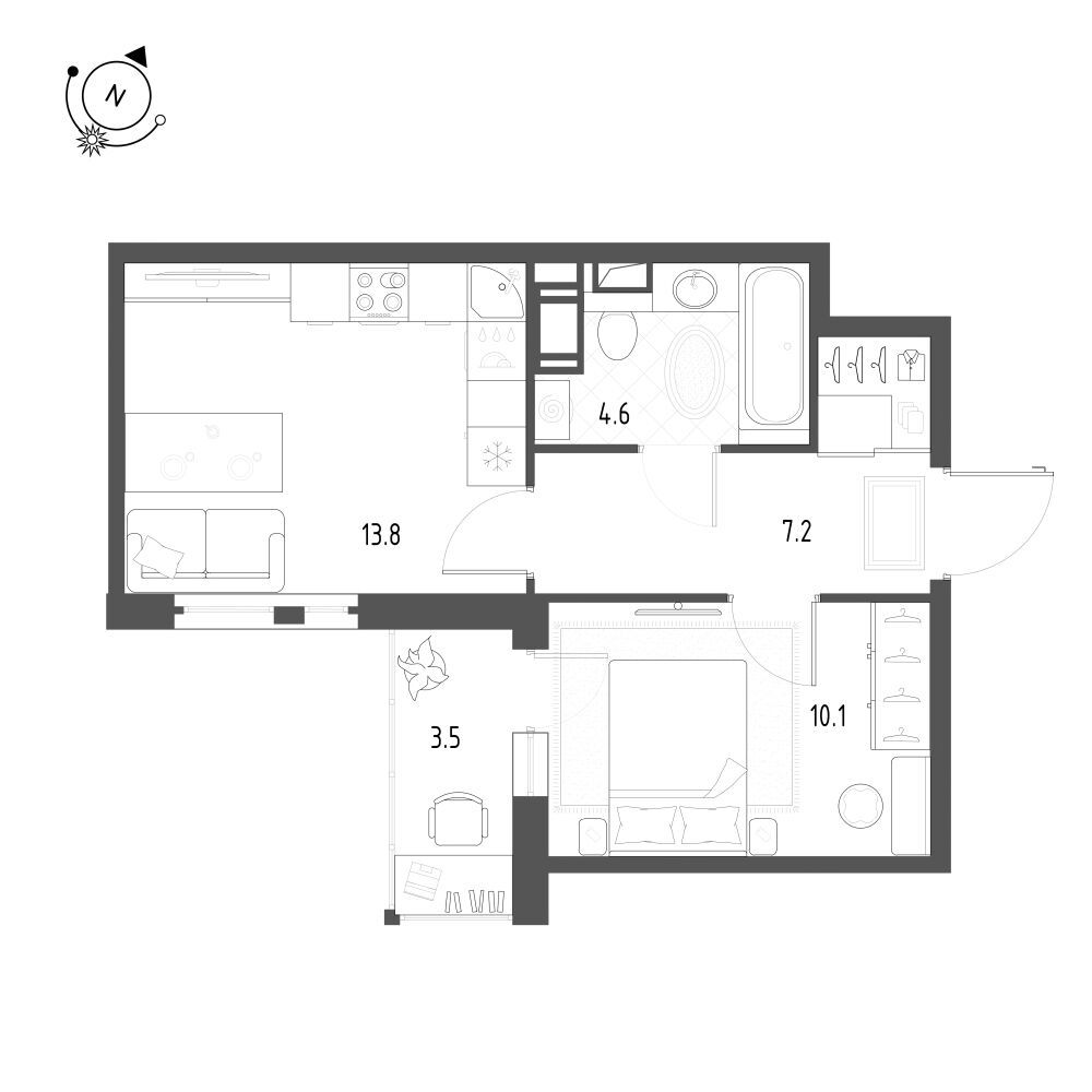 Планировка: 1-комн. квартира 37.50 м² в новостройке ЖК Монография
