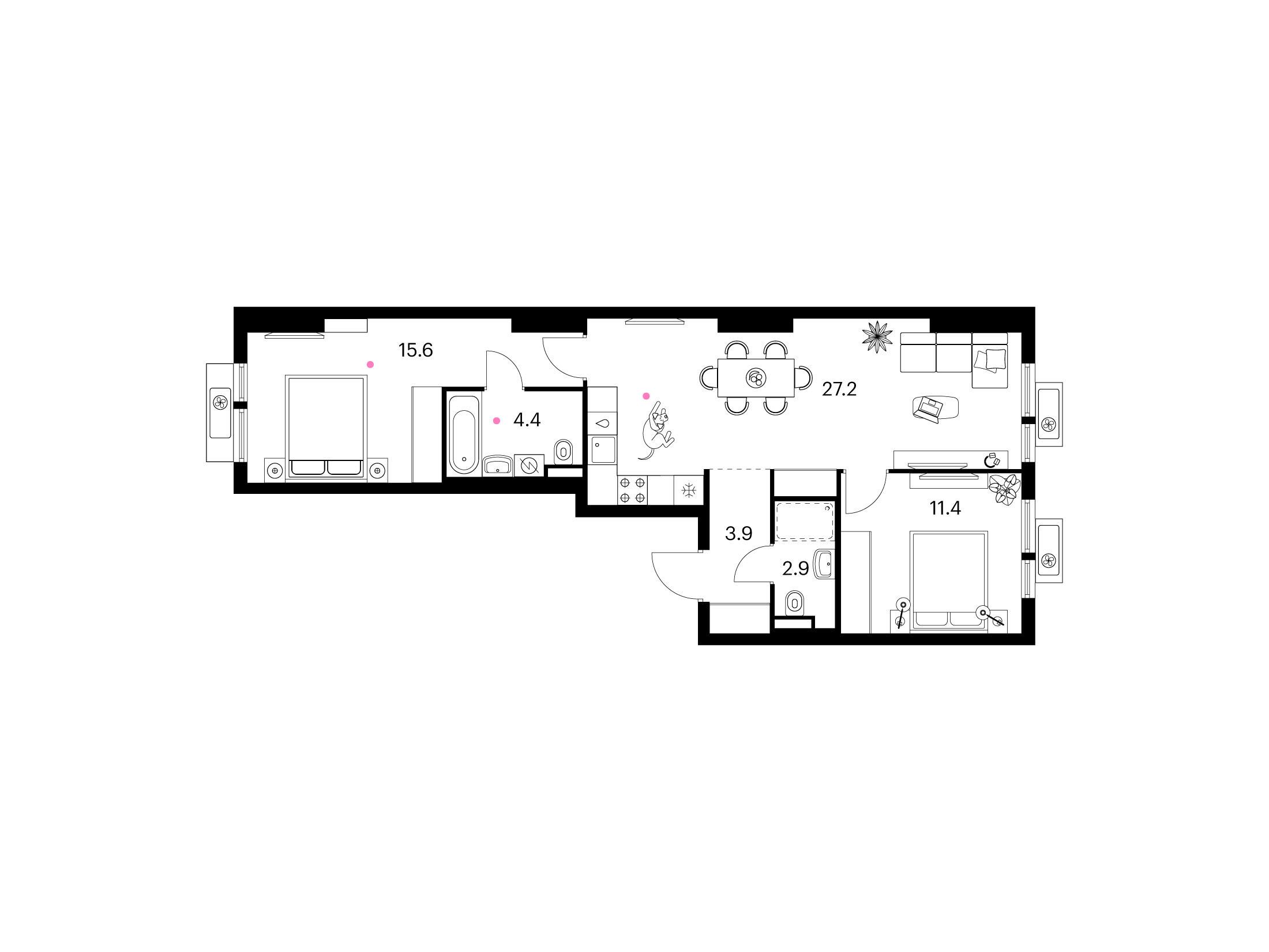 Планировка: 2-комн. квартира 65.40 м² в новостройке Белая Дача парк