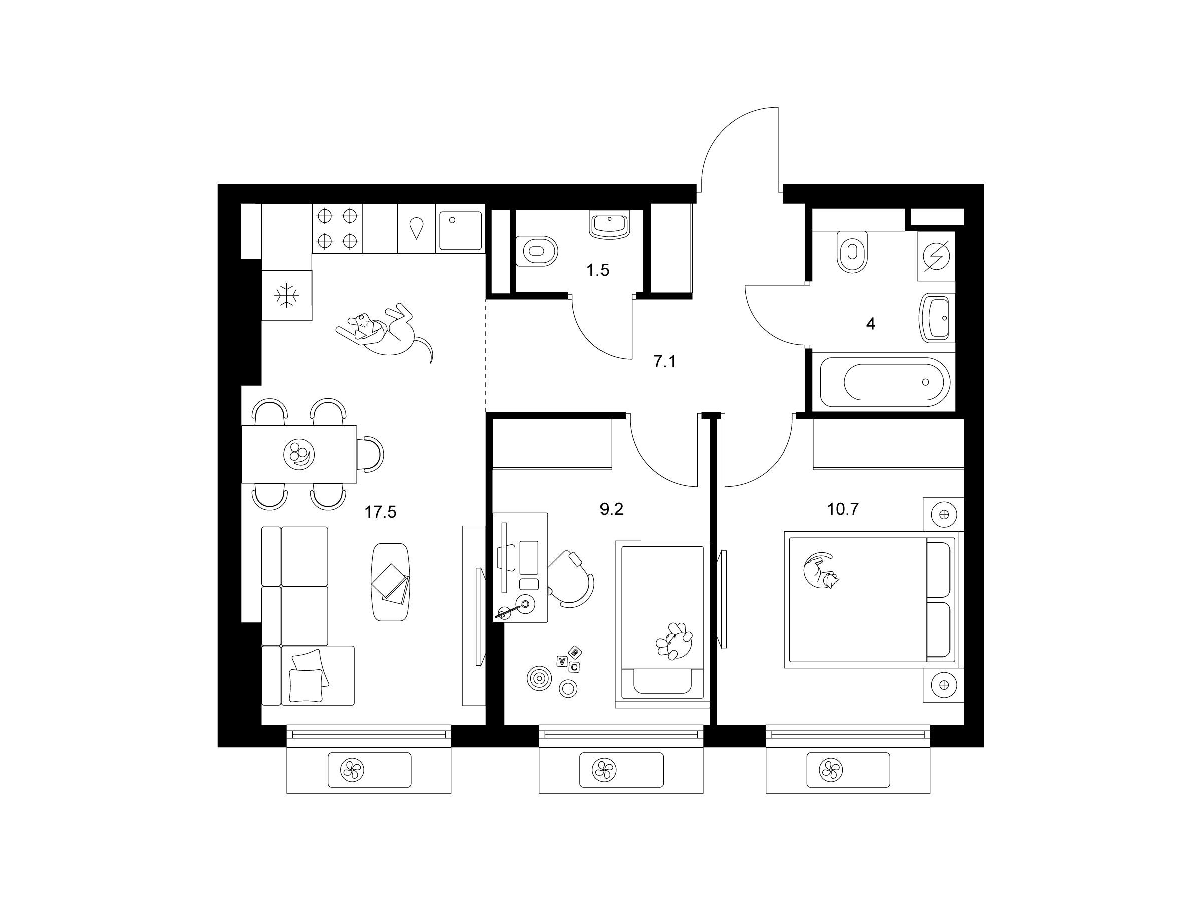 Планировка: 2-комн. квартира 50.00 м² в новостройке Белая Дача парк