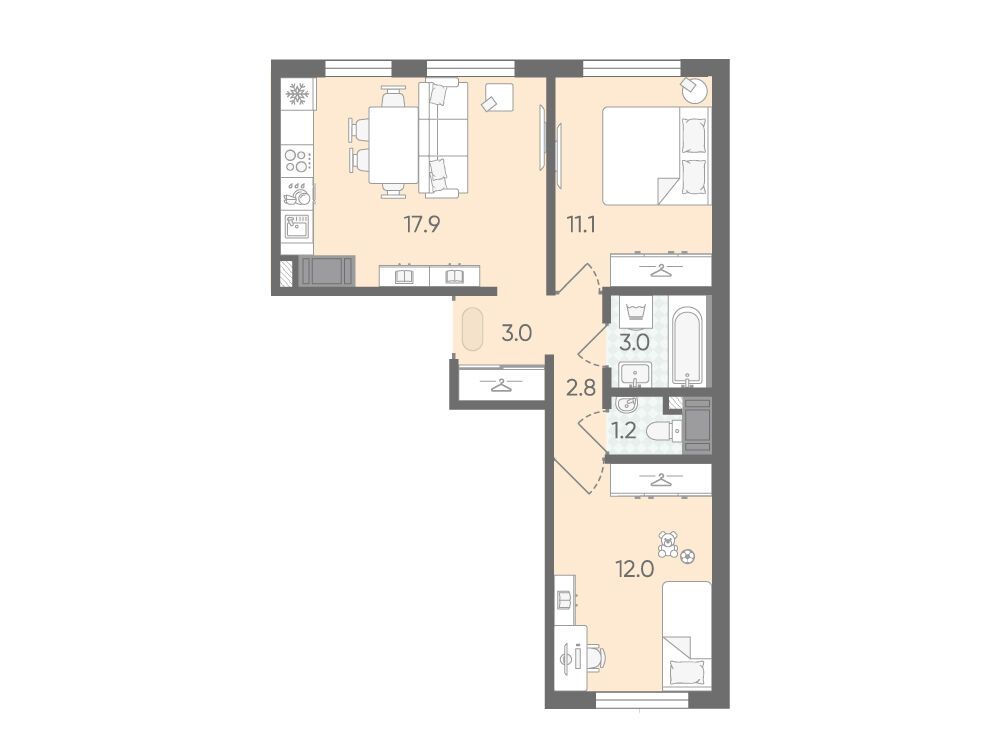 Планировка: 2-комн. квартира 51.00 м² в новостройке Пейзажный квартал