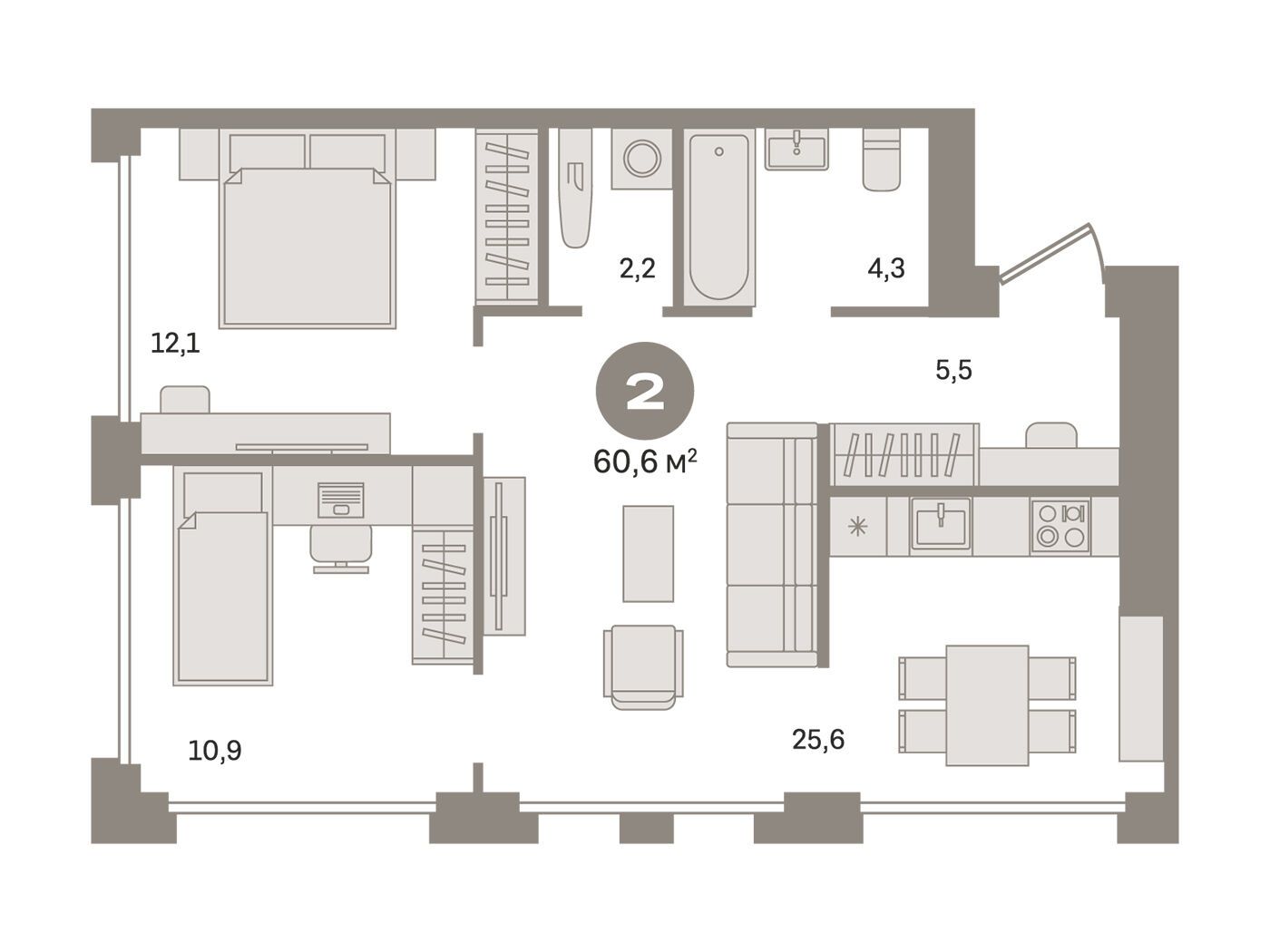 Планировка: 2-комн. квартира 60.60 м² в новостройке  Дом А