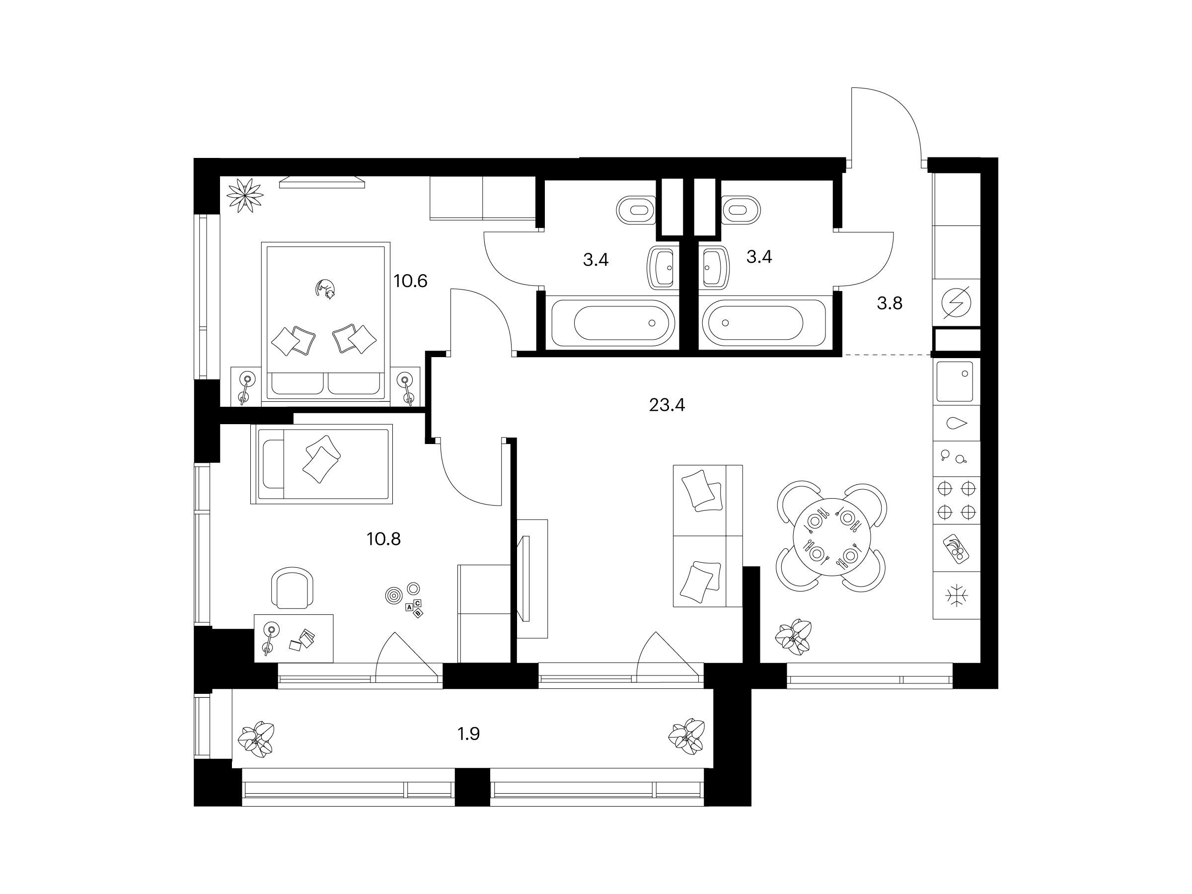 Планировка: 2-комн. квартира 57.30 м² в новостройке Бунинская набережная