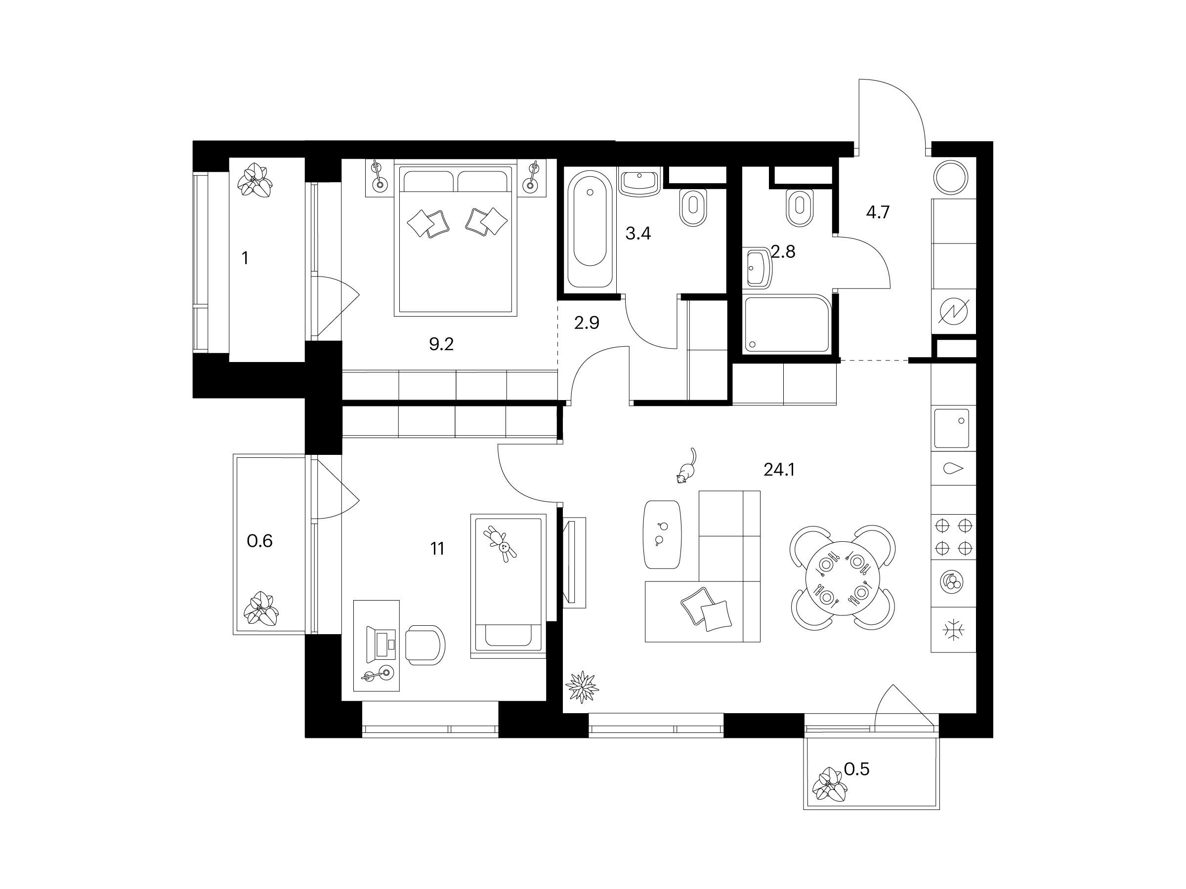 Планировка: 2-комн. квартира 60.20 м² в новостройке Бунинская набережная