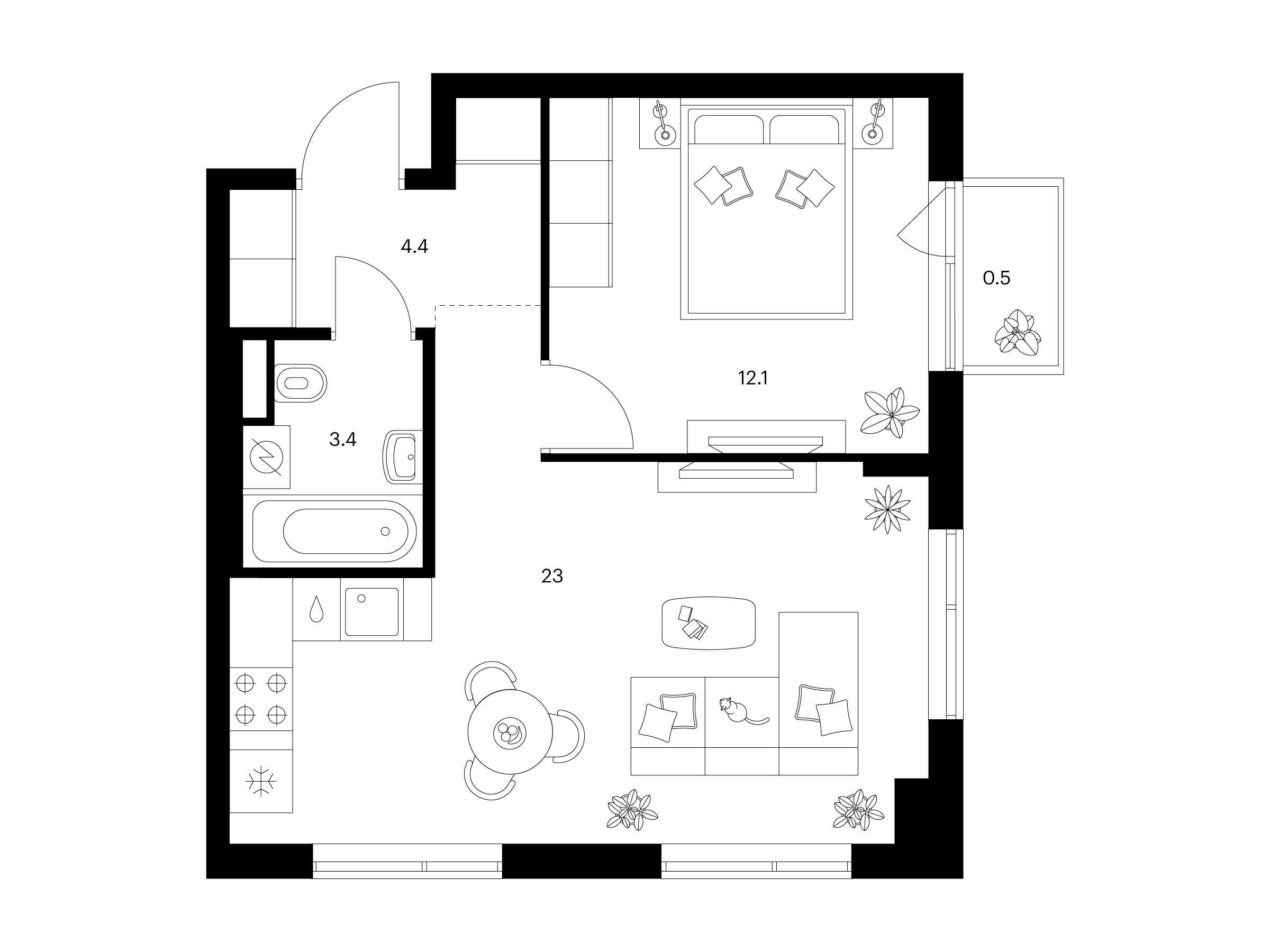 Планировка: 1-комн. квартира 43.40 м² в новостройке Бунинская набережная