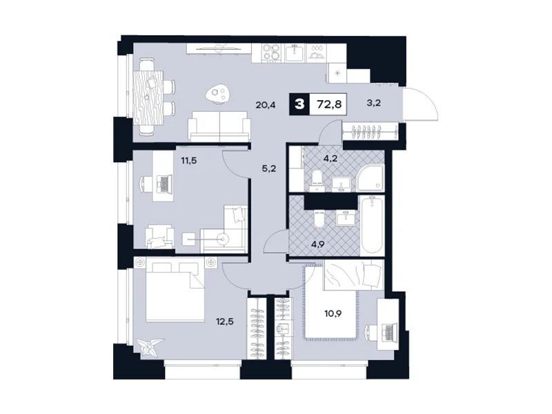 Планировка: 3-комн. квартира 72.80 м² в новостройке ЖК Юту