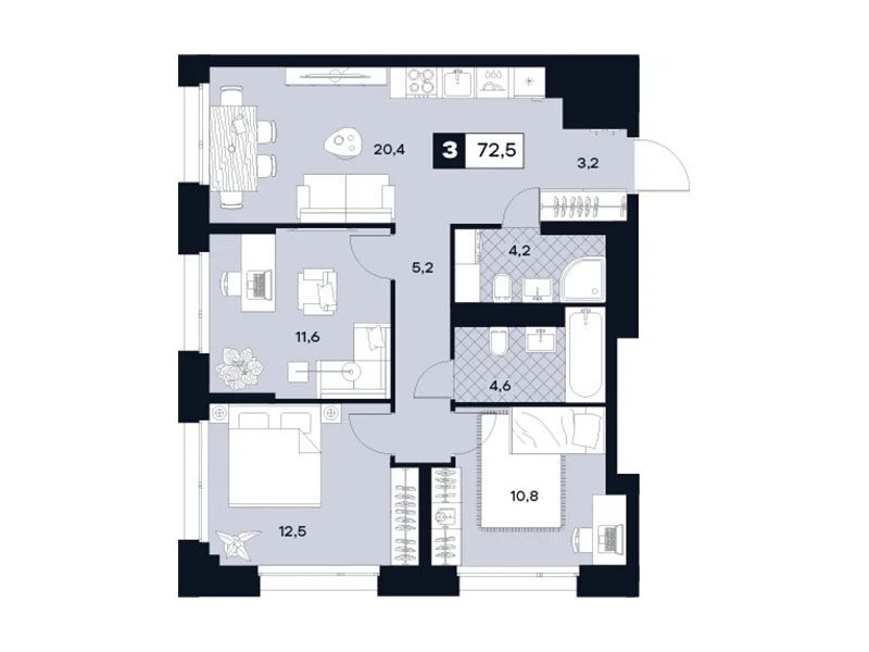 Планировка: 3-комн. квартира 72.50 м² в новостройке Юту