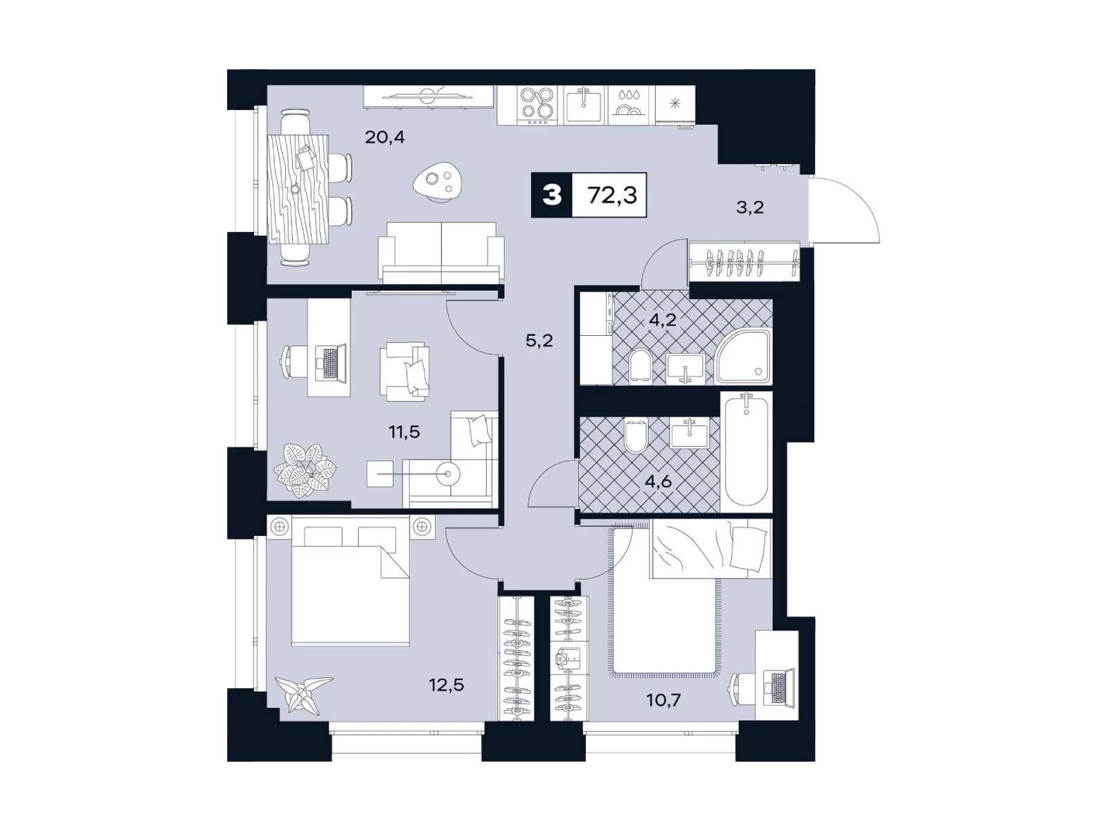 Планировка: 3-комн. квартира 72.30 м² в новостройке Юту