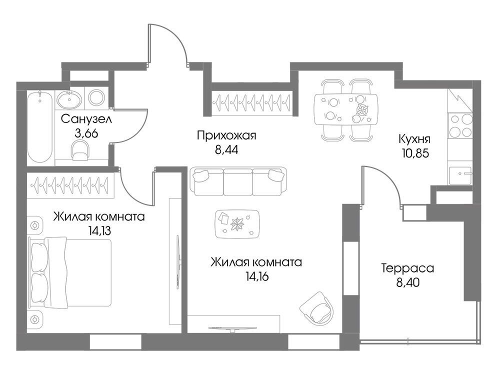 Планировка: 2-комн. квартира 53.76 м² в новостройке Резиденция Рощино