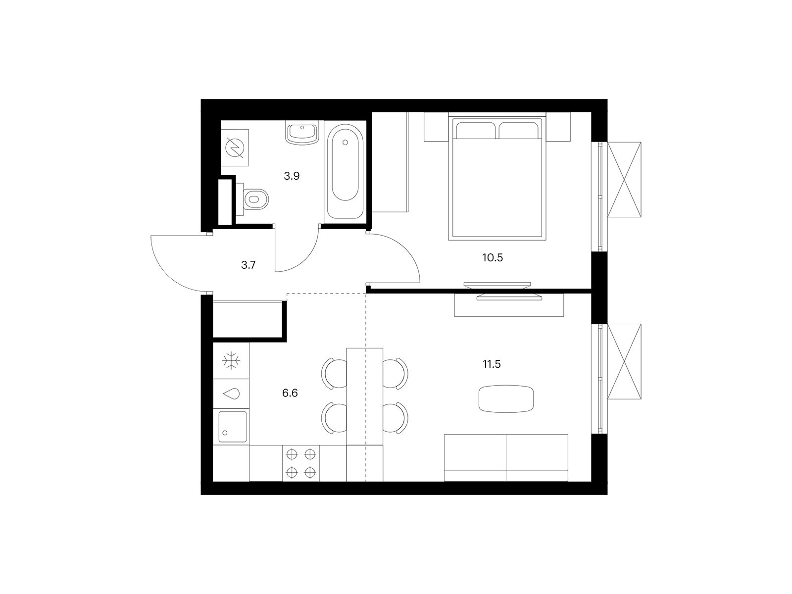 Планировка: 1-комн. квартира 36.20 м² в новостройке Волжский парк