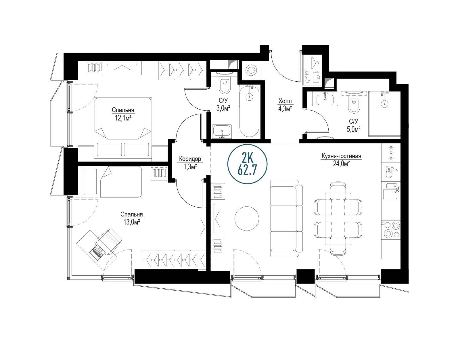 Планировка: 2-комн. квартира 61.50 м² в новостройке Метрополия