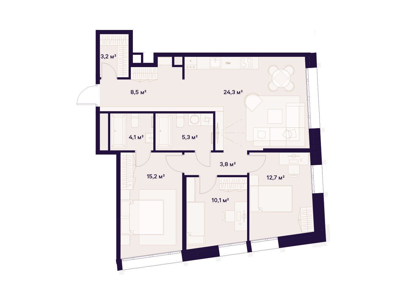 Планировка: 3-комн. квартира 87.20 м² в новостройке Союз