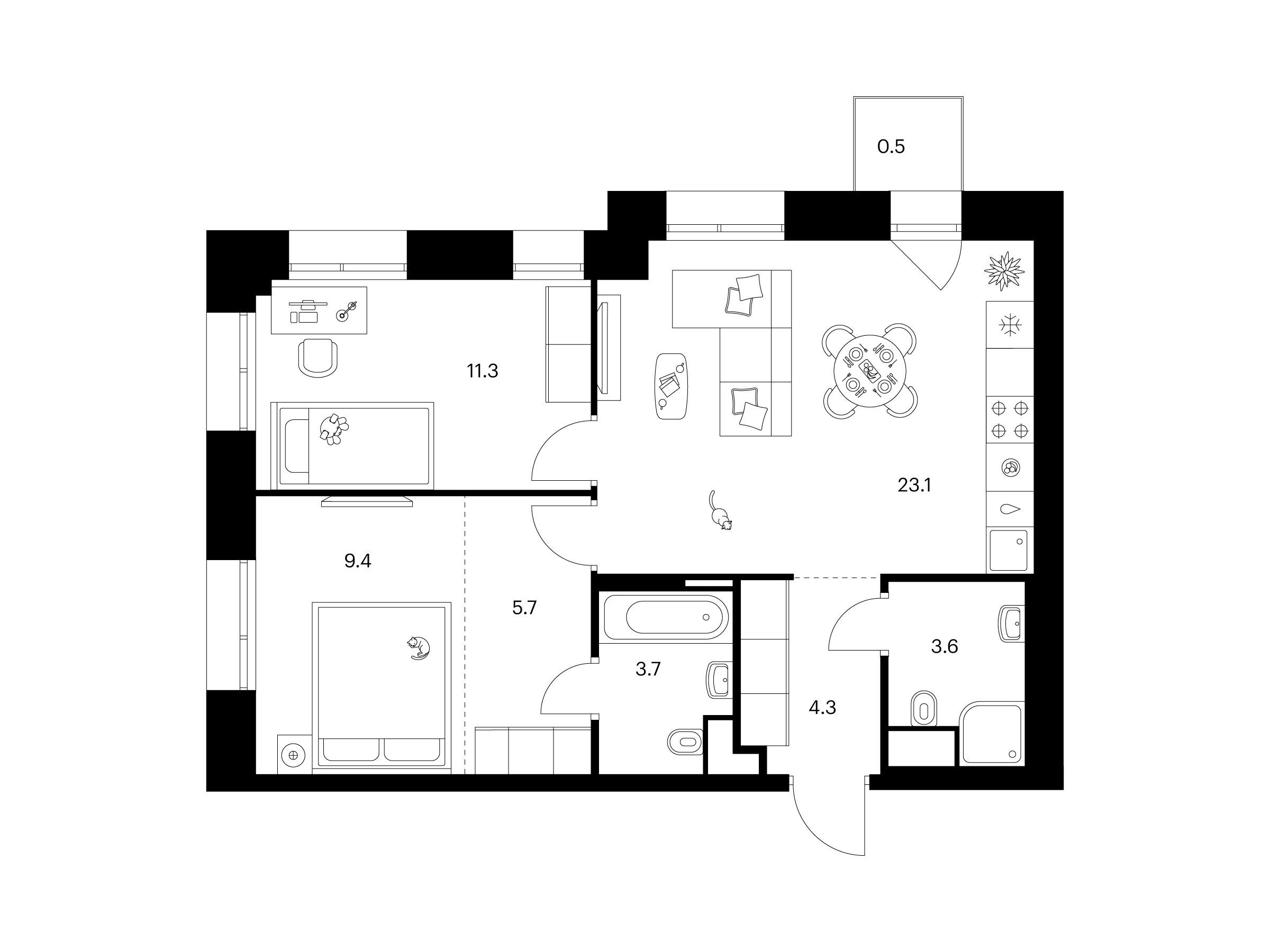 Планировка: 2-комн. квартира 61.60 м² в новостройке Онежский вал