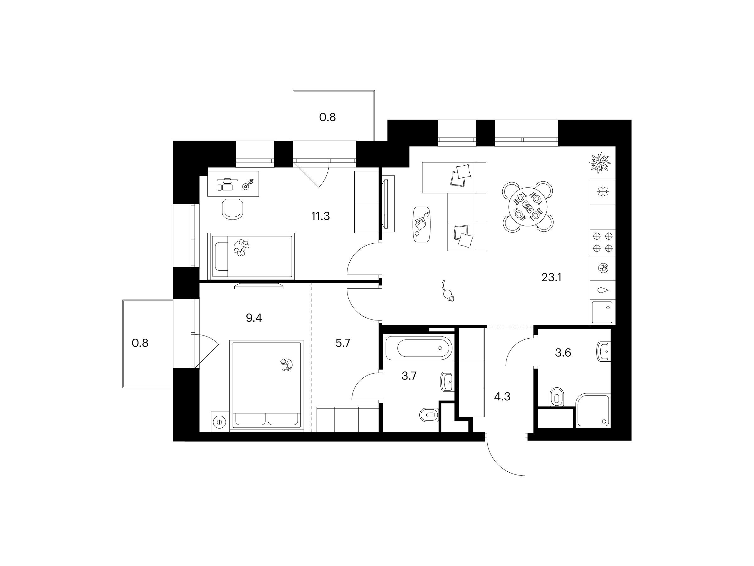 Планировка: 2-комн. квартира 62.70 м² в новостройке Онежский вал