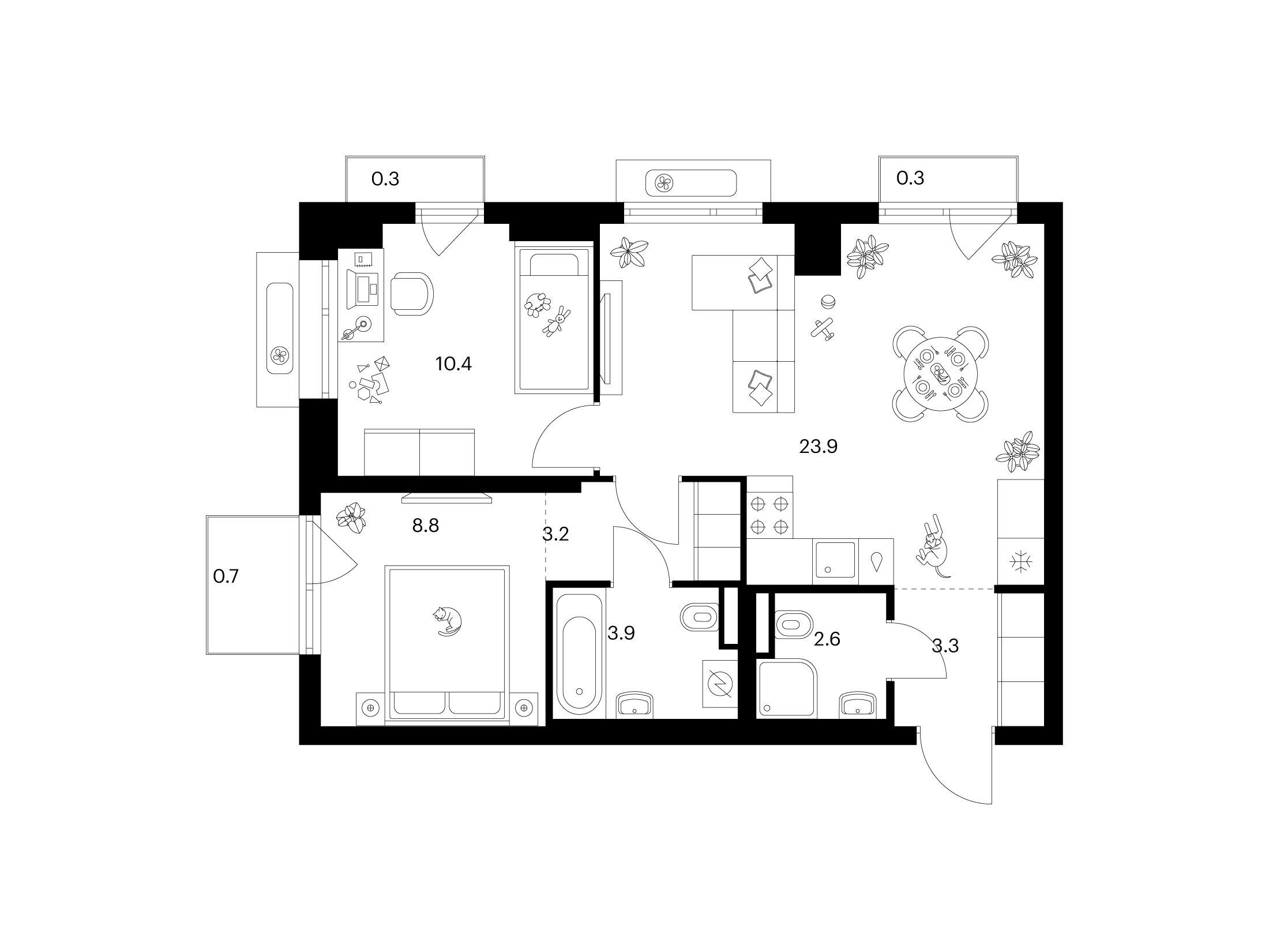 Планировка: 2-комн. квартира 57.40 м² в новостройке Середневский лес