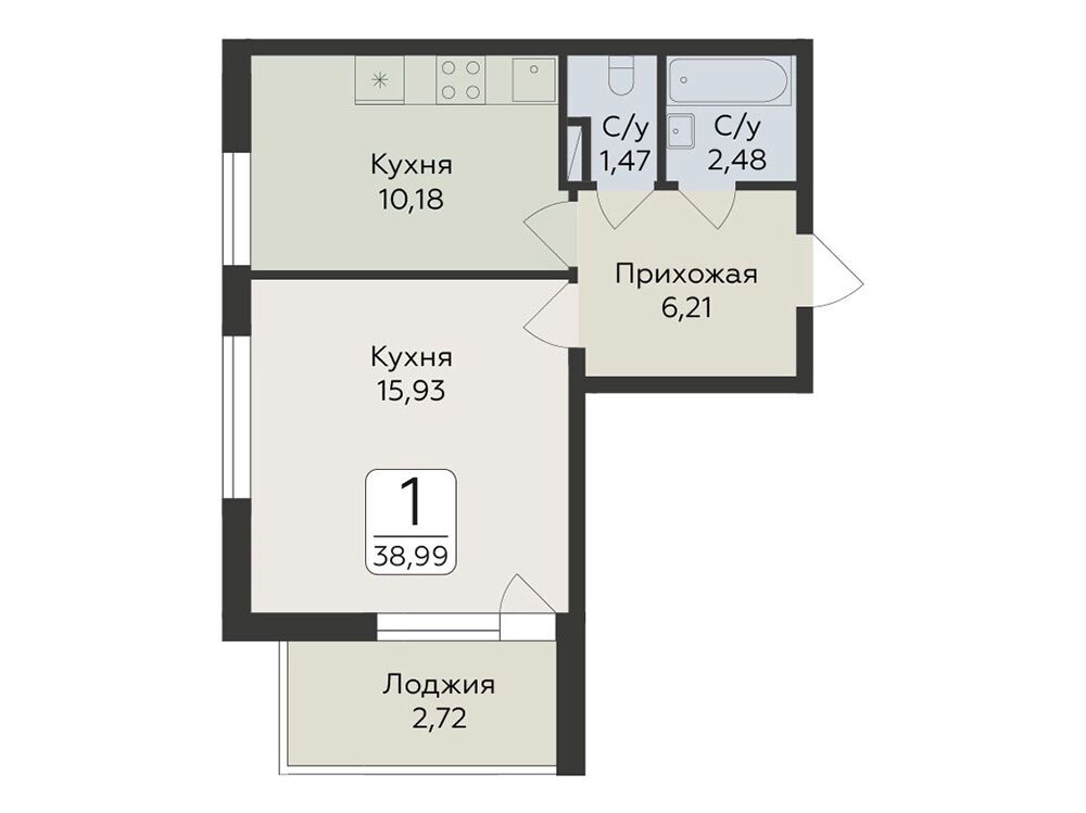 Планировка: 1-комн. квартира 38.99 м² в новостройке Панорама Юкки