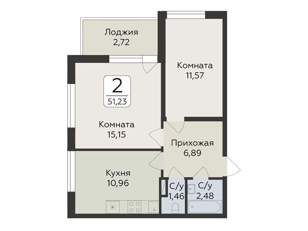 Планировка: 2-комн. квартира 51.23 м² в новостройке Панорама Юкки