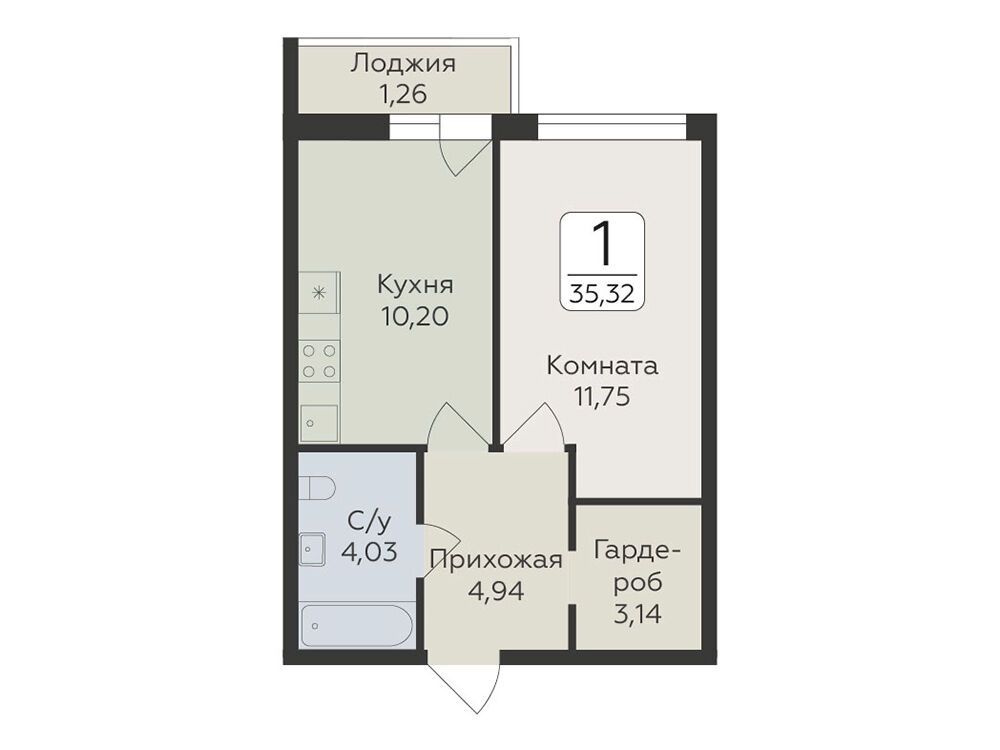 Планировка: 1-комн. квартира 35.32 м² в новостройке Панорама Юкки
