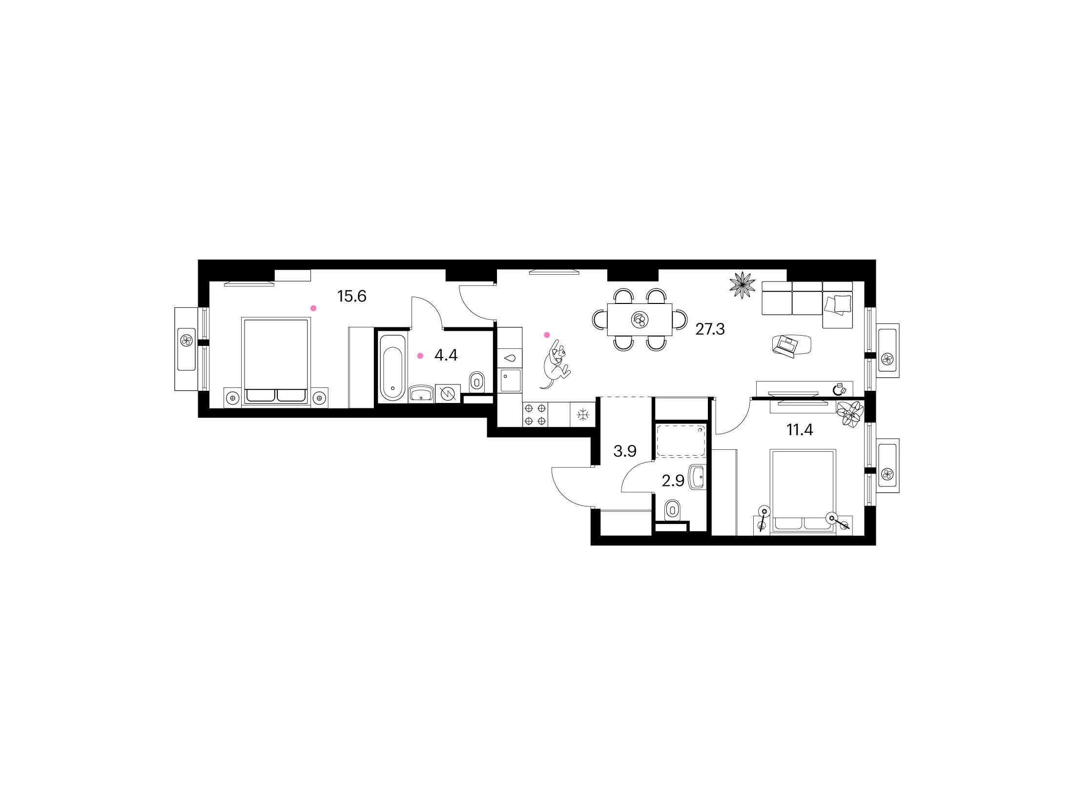 Планировка: 2-комн. квартира 65.50 м² в новостройке Белая Дача парк