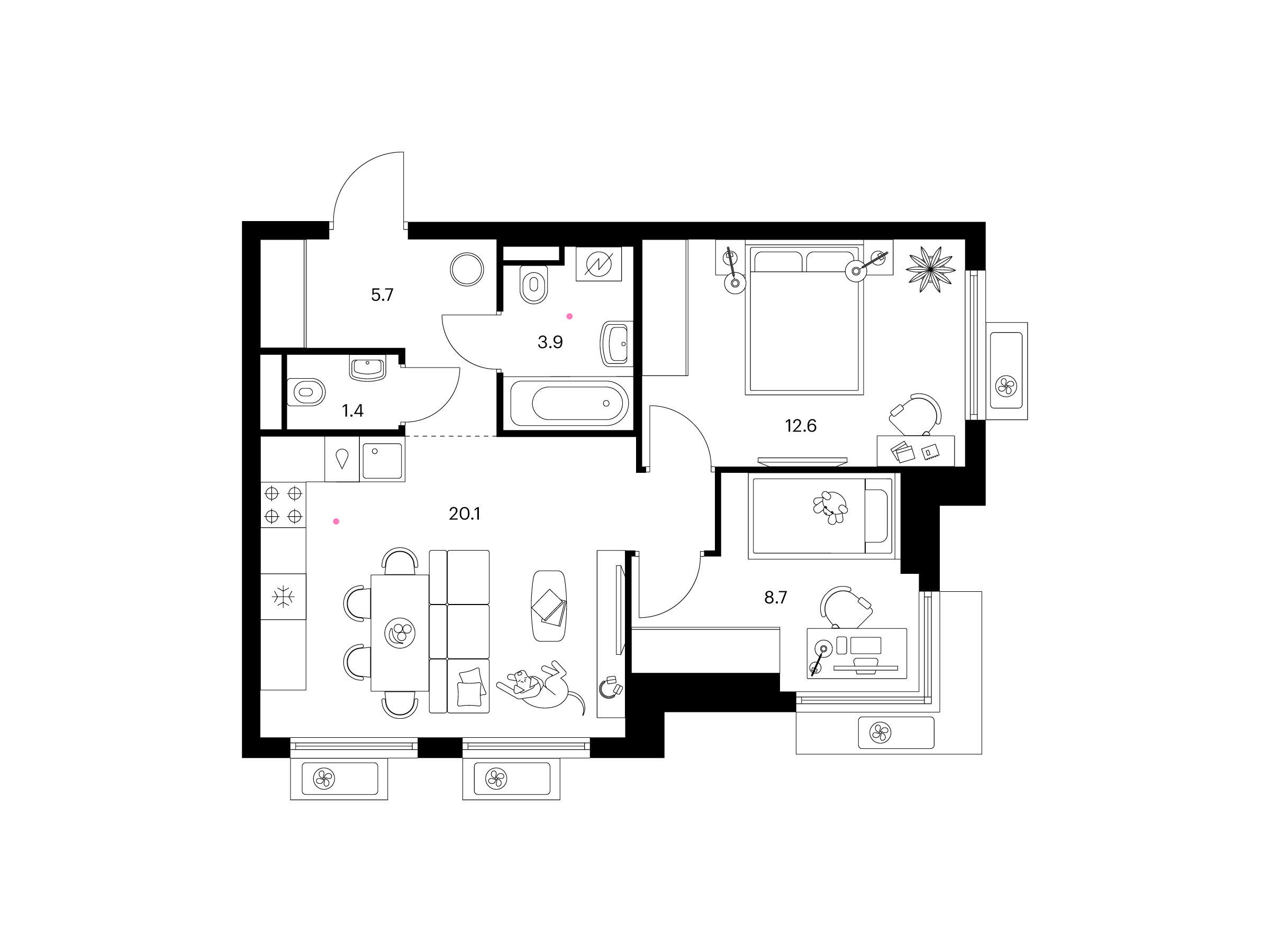 Планировка: 2-комн. квартира 52.40 м² в новостройке Белая Дача парк