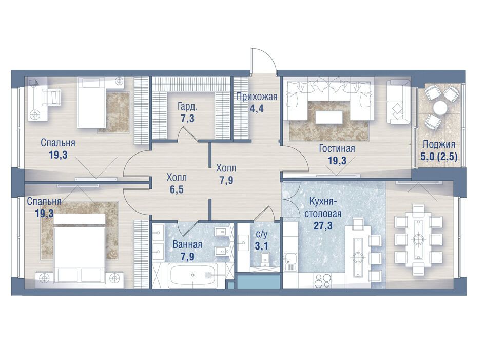 Планировка: 3-комн. квартира 126.90 м² в новостройке Река