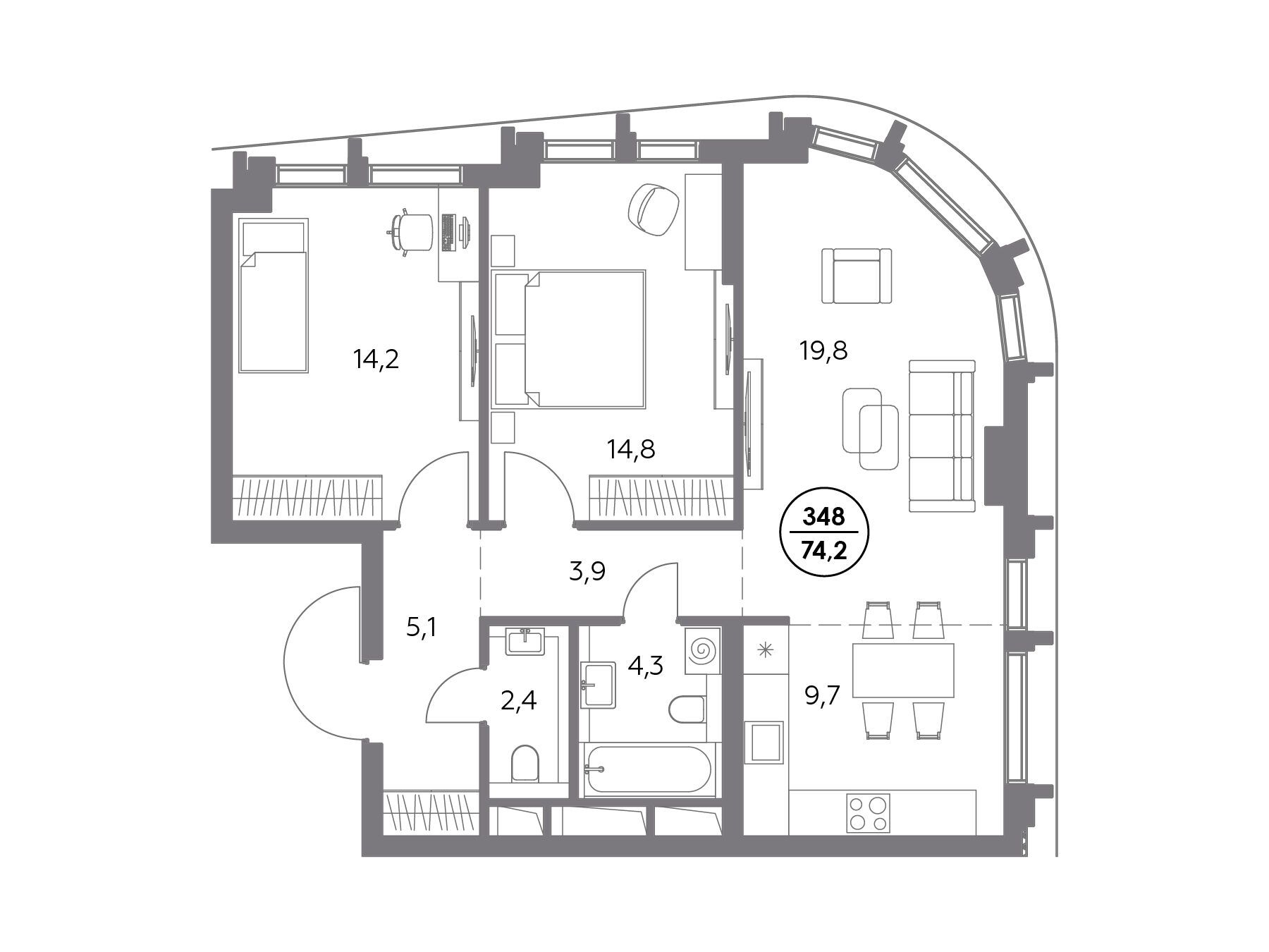 Планировка: 2-комн. квартира 74.20 м² в новостройке Дом 56