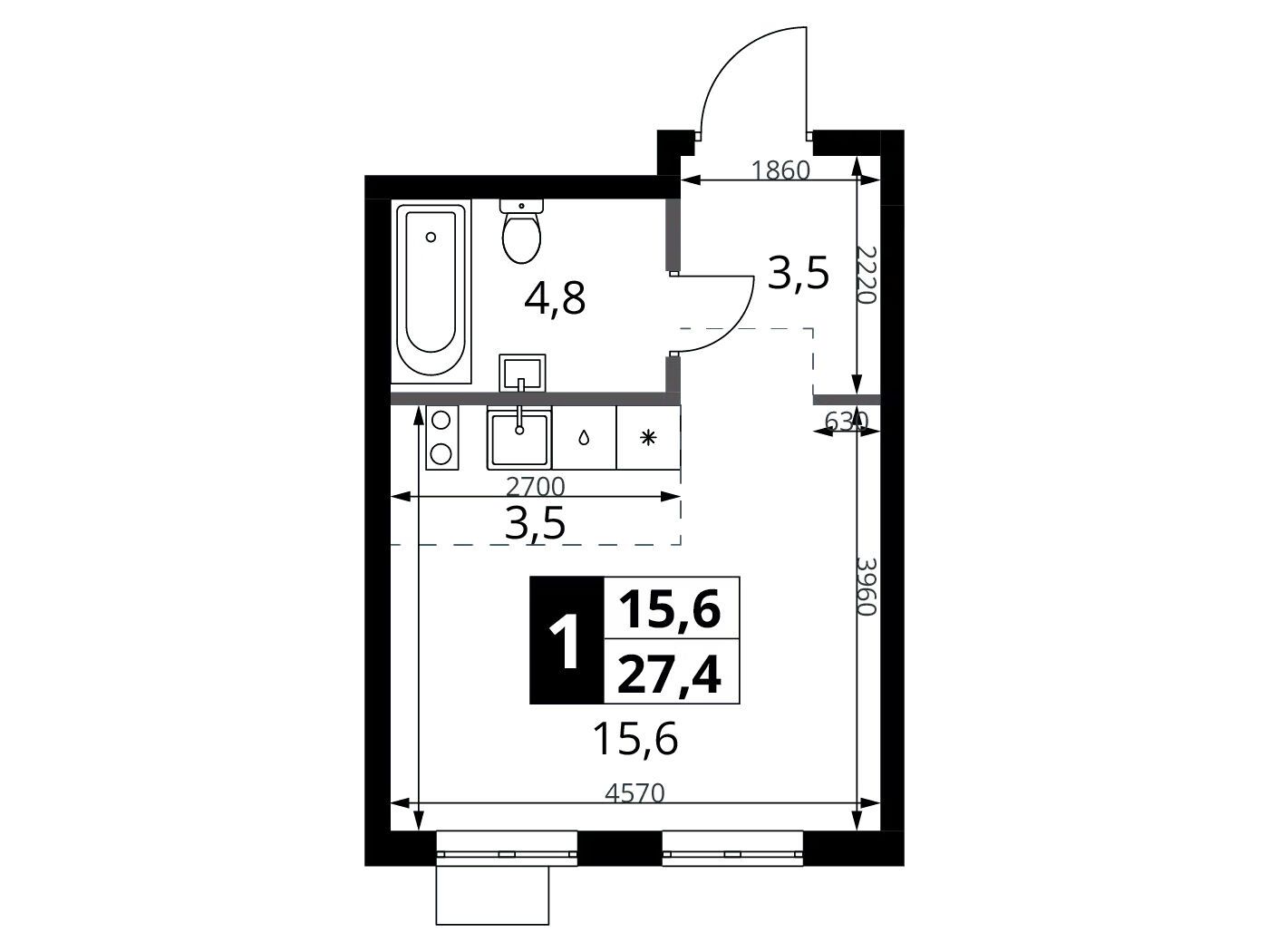 Планировка: Студия 27.40 м² в новостройке 1-й Ясеневский