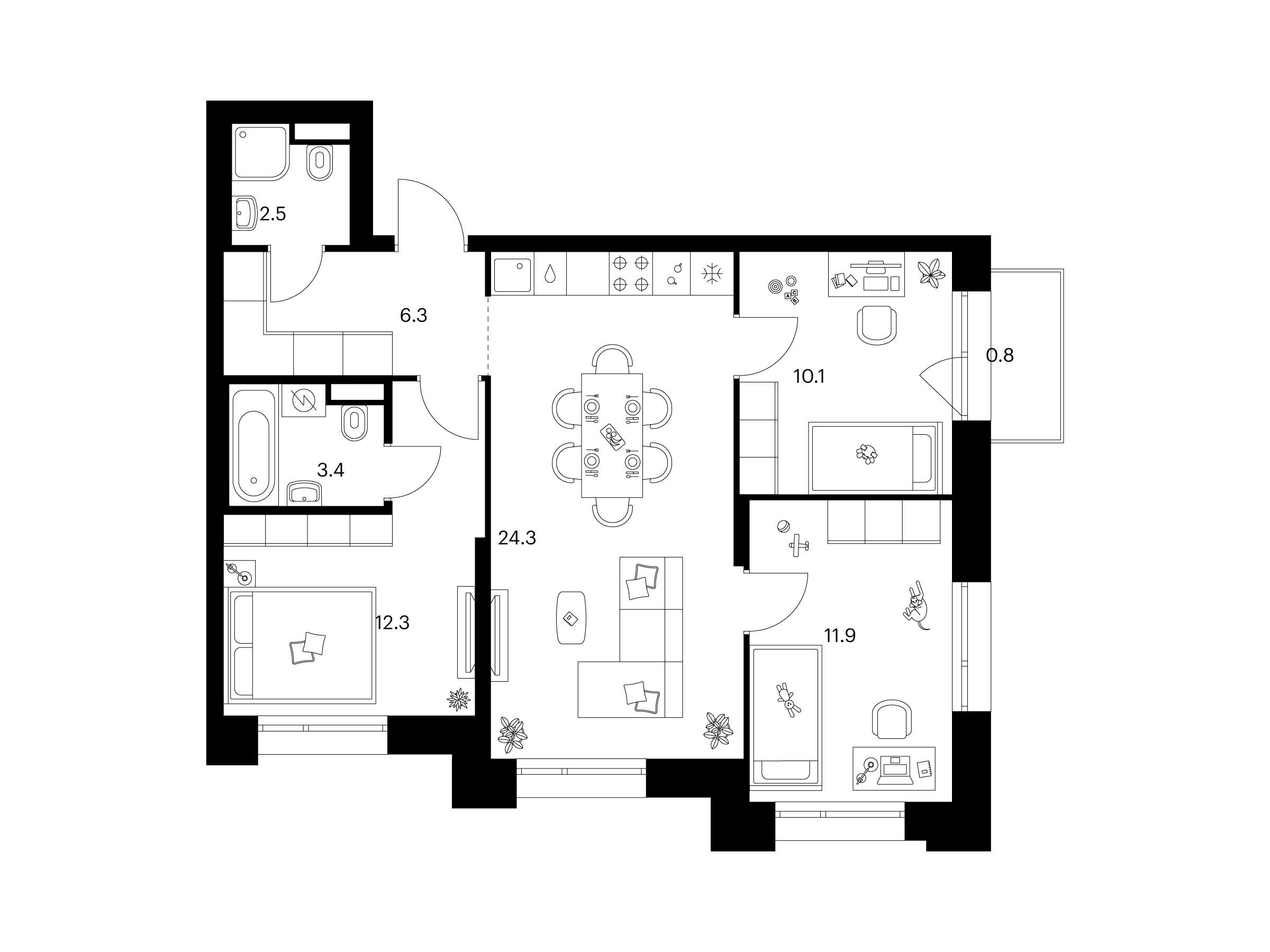 Планировка: 3-комн. квартира 71.60 м² в новостройке Середневский лес