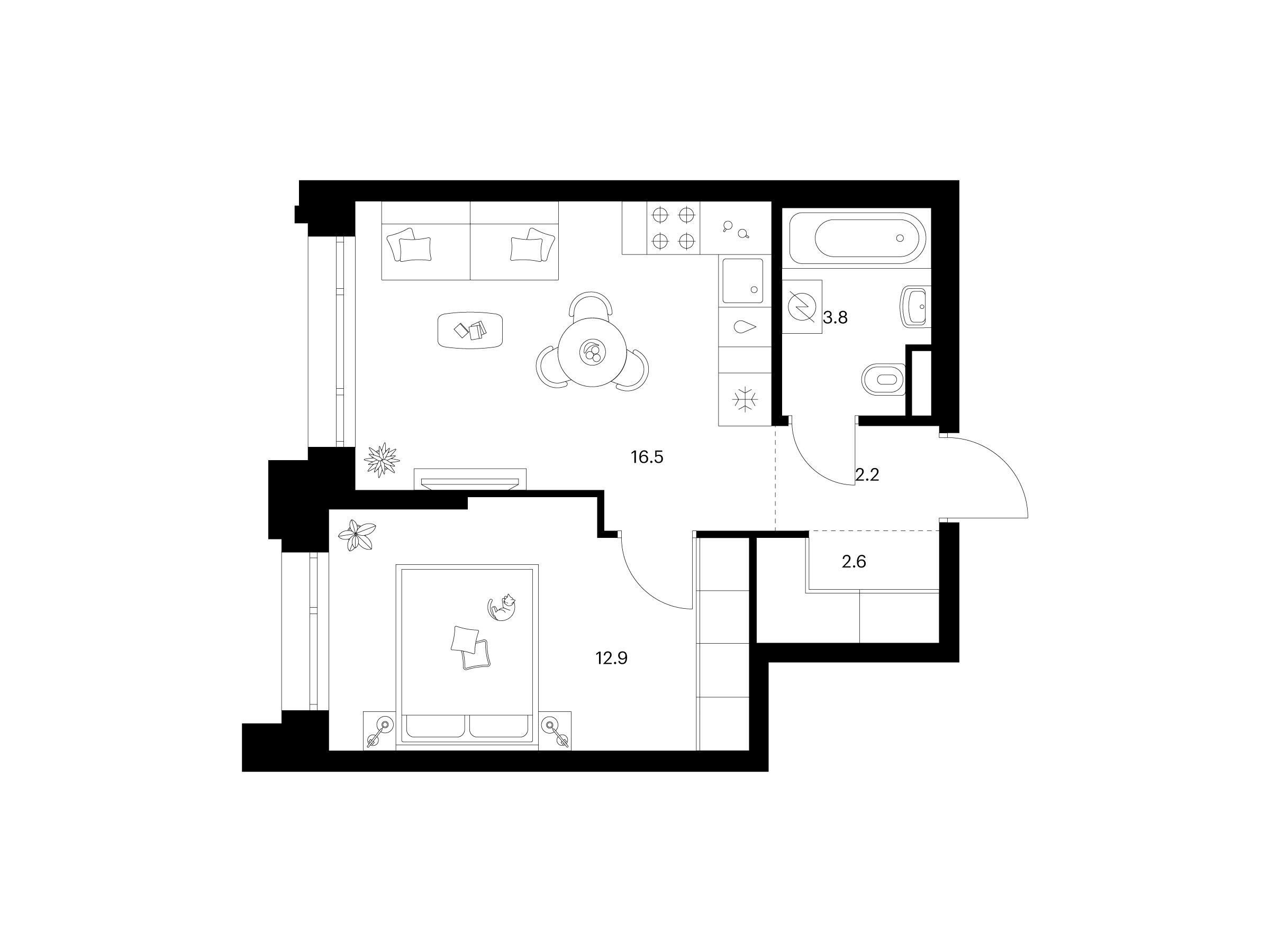 Планировка: 1-комн. квартира 38.00 м² в новостройке Середневский лес
