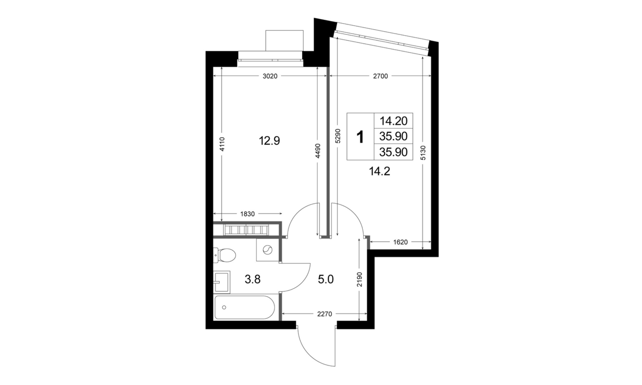 Планировка: 1-комн. квартира 35.90 м² в новостройке Легенда Коренёво