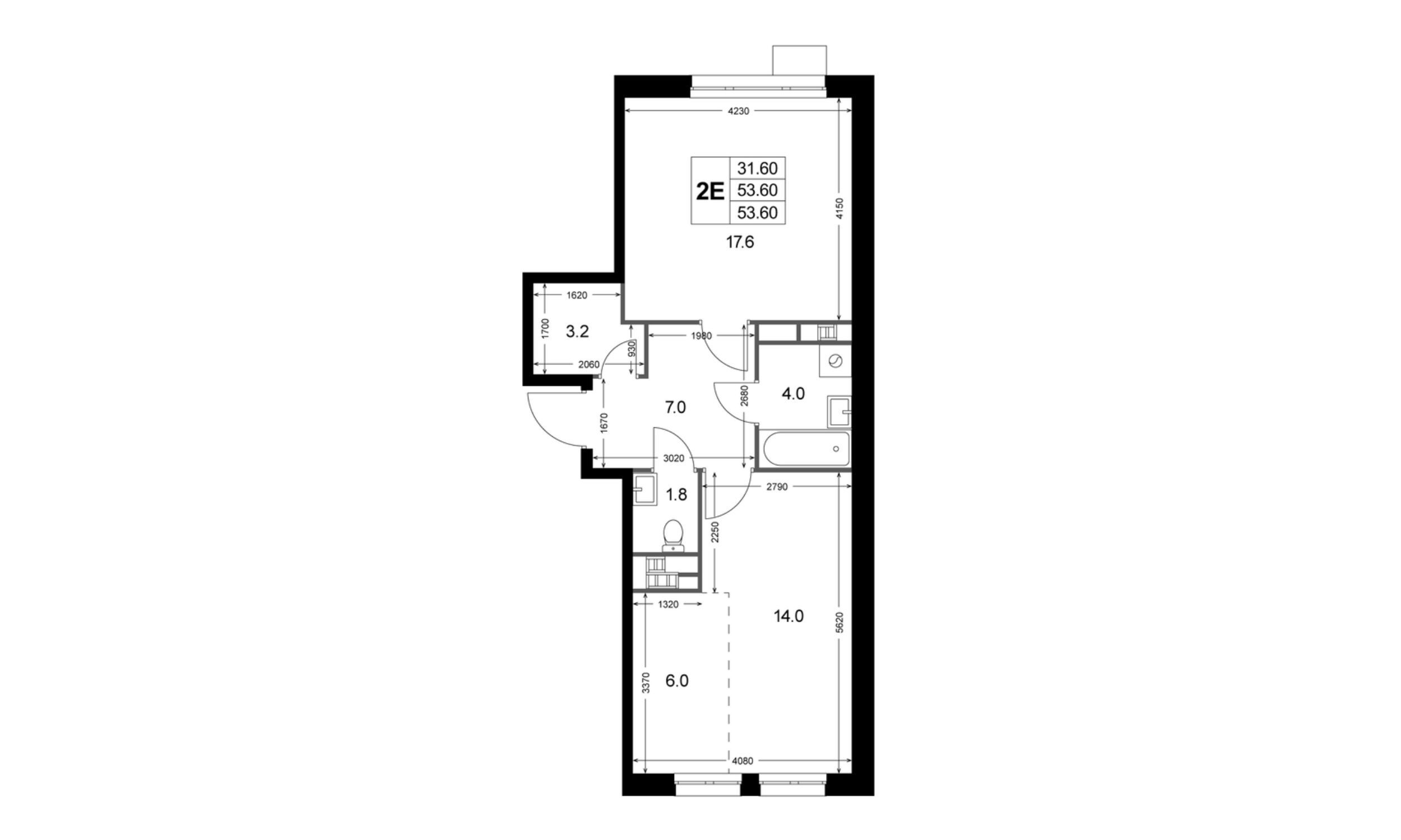 Планировка: 2-комн. квартира 53.60 м² в новостройке Легенда Коренёво