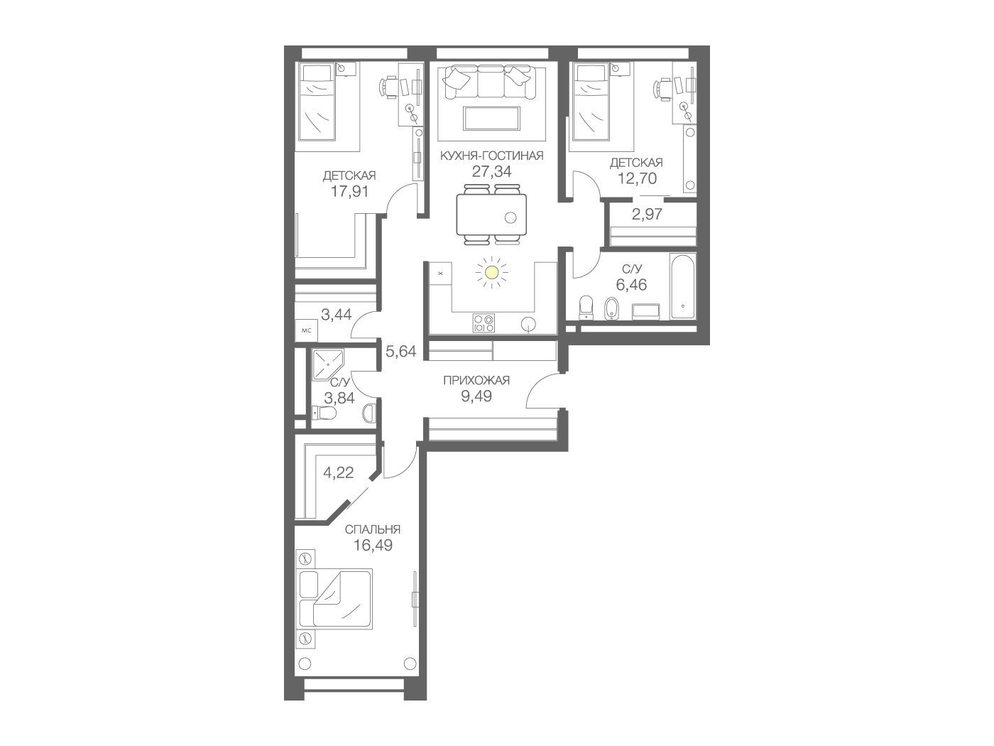 Планировка: 3-комн. квартира 111.95 м² в новостройке Хедлайнер