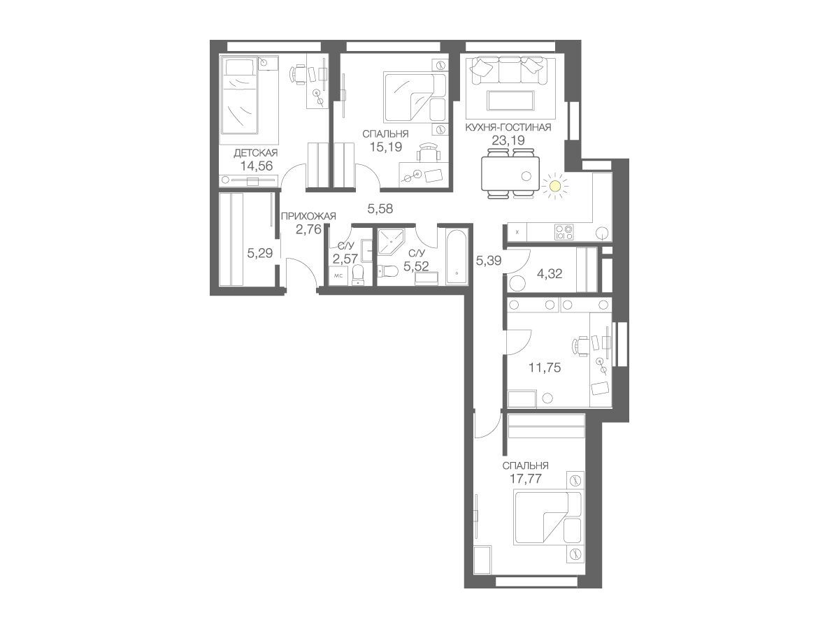Планировка: 3-комн. квартира 113.89 м² в новостройке Хедлайнер