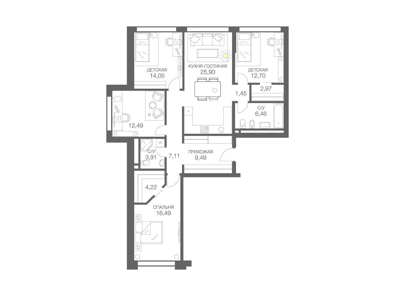 Планировка: 4-комн. квартира 117.24 м² в новостройке Хедлайнер